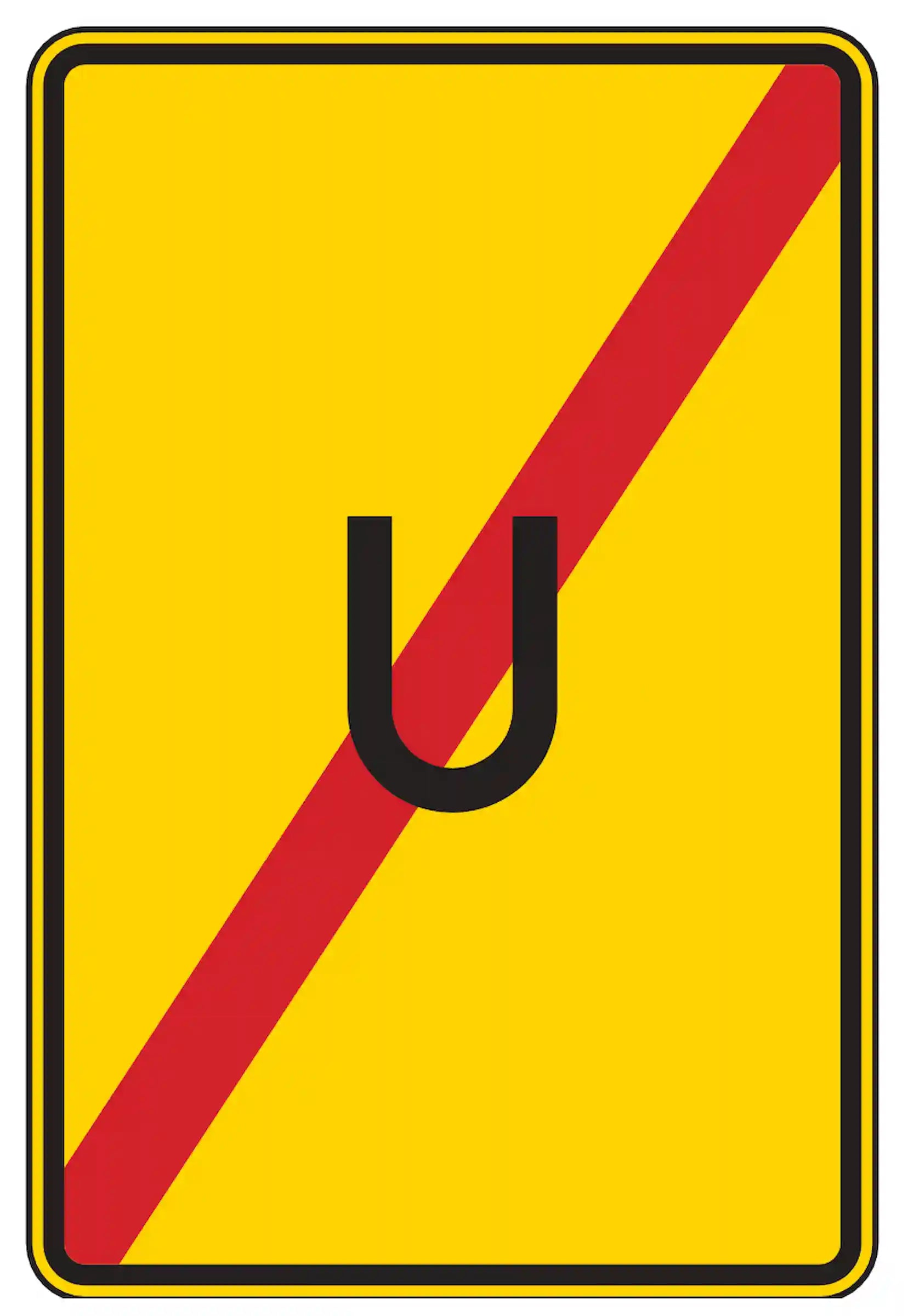 Verkehrszeichen 455.2: Gelbes rechteckiges Schild mit durchgestrichenem schwarzem Kreis und schwarzem Buchstaben 'U' – zeigt das Ende einer Umleitung an.