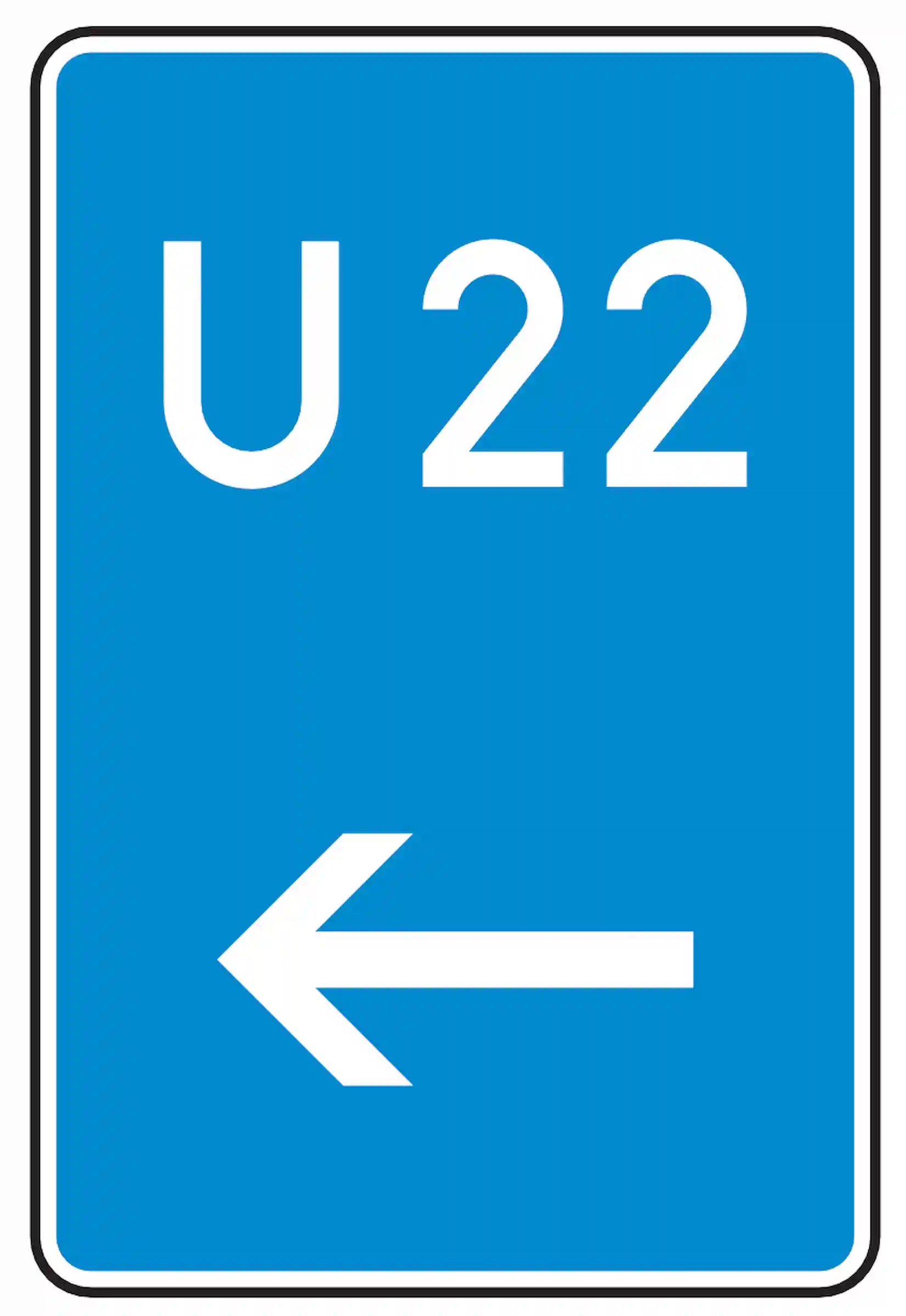 Verkehrszeichen 460-11: Bedarfsumleitung hier links – blaues Schild mit weißem Pfeil und Nummer, zeigt eine alternative Autobahnstrecke bei Stau oder Sperrung.