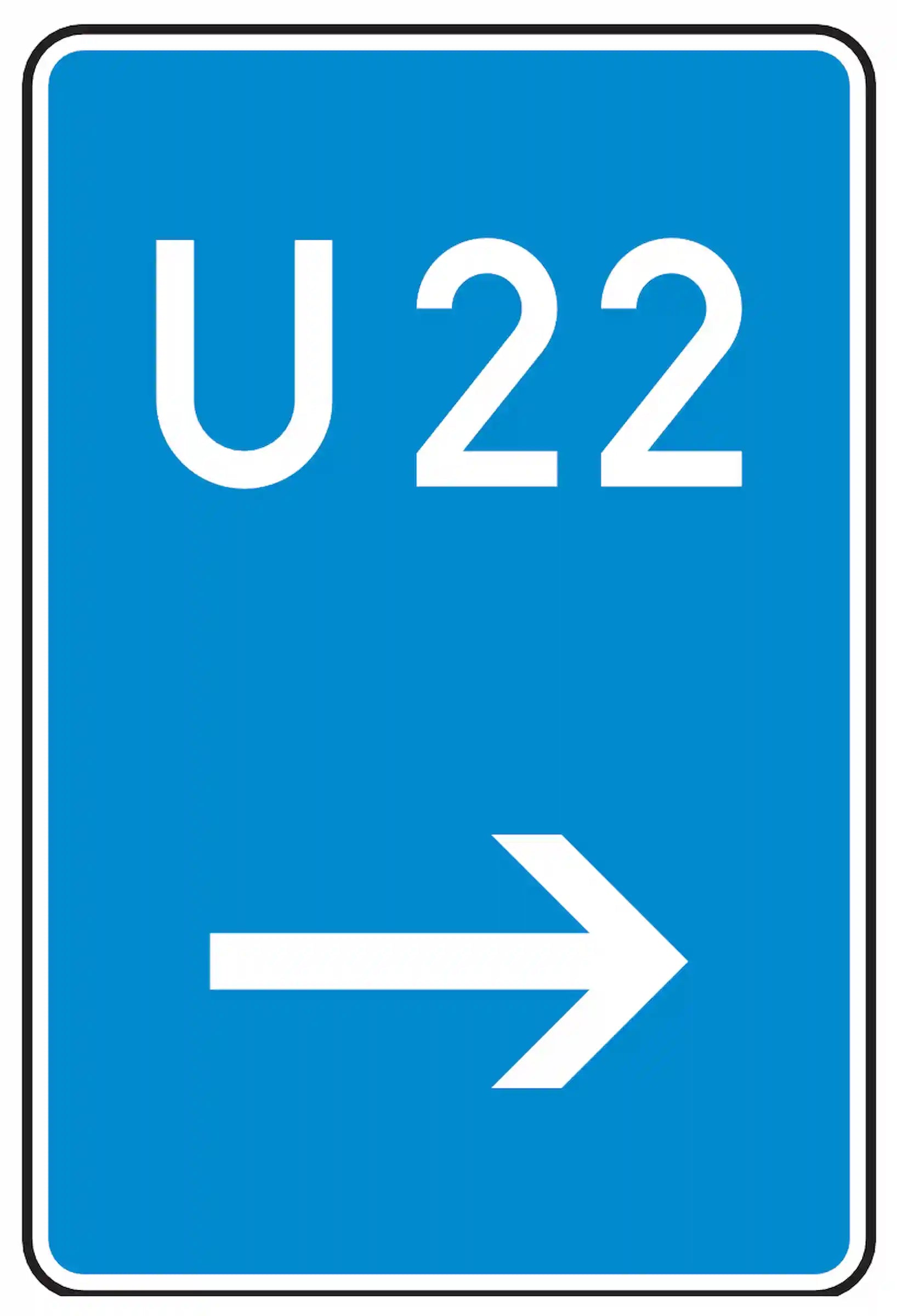 Verkehrszeichen 460-21: Bedarfsumleitung hier rechts – blaues Schild mit weißem Pfeil und Nummer, leitet bei Stau eine alternative Route zwischen Autobahnanschlüssen.
