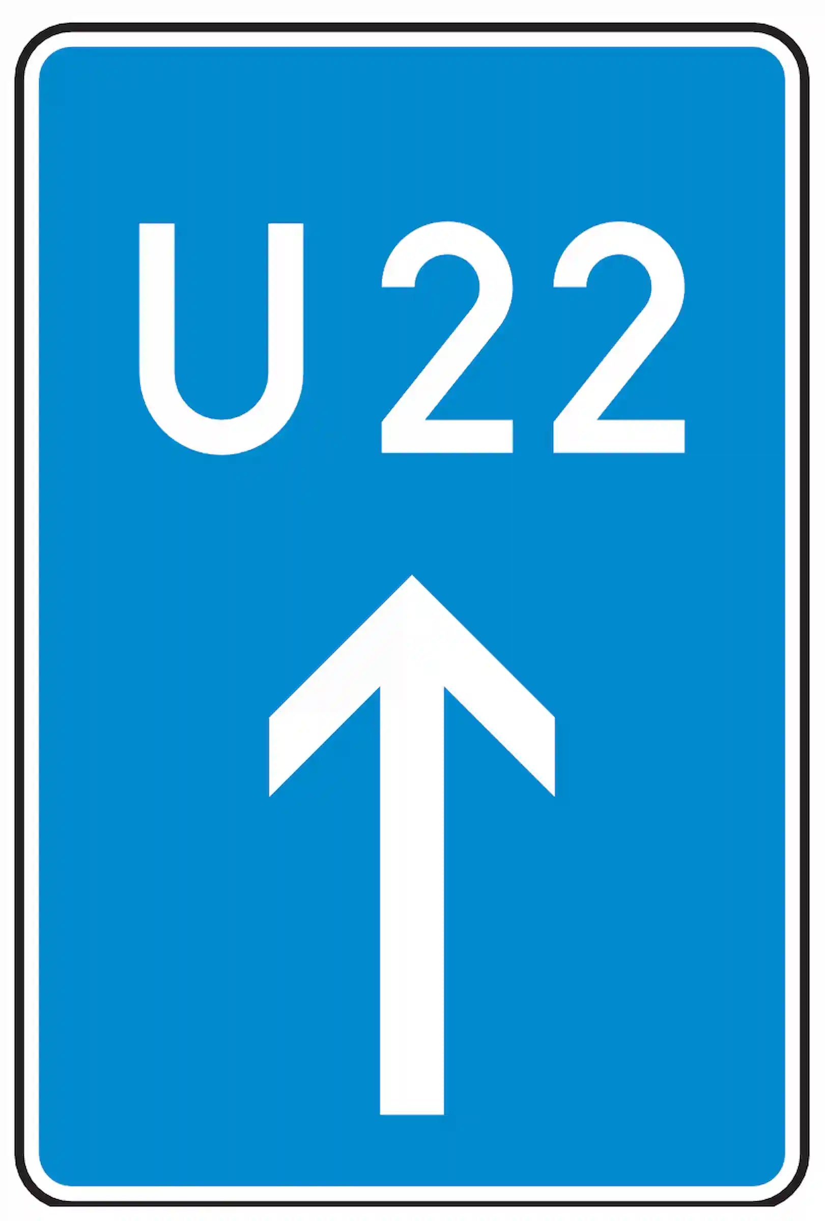 Verkehrszeichen 460-30: Bedarfsumleitung geradeaus, blaues Schild mit weißem Pfeil und Nummer.