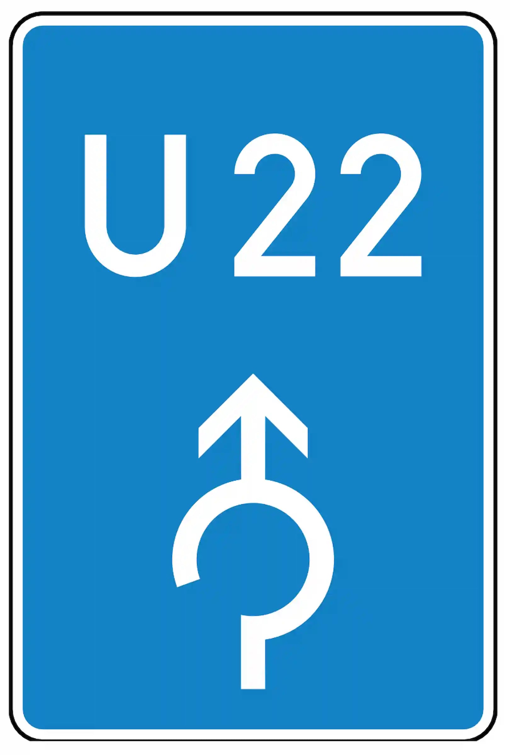 Verkehrszeichen 460-31: Bedarfsumleitung im Kreisverkehr, geradeaus. Blaues Schild mit weißem Pfeil und Umleitungsnummer – weist Autobahnfahrern eine alternative Route bei Stau oder Sperrung.
