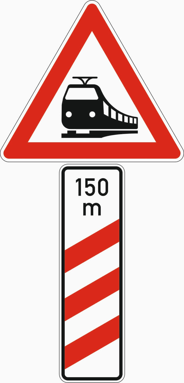 Verkehrszeichen "Bahnübergang mit dreistreifiger Bake, mit Entfernungsangaben Aufstellung rechts" - VZ 156-11