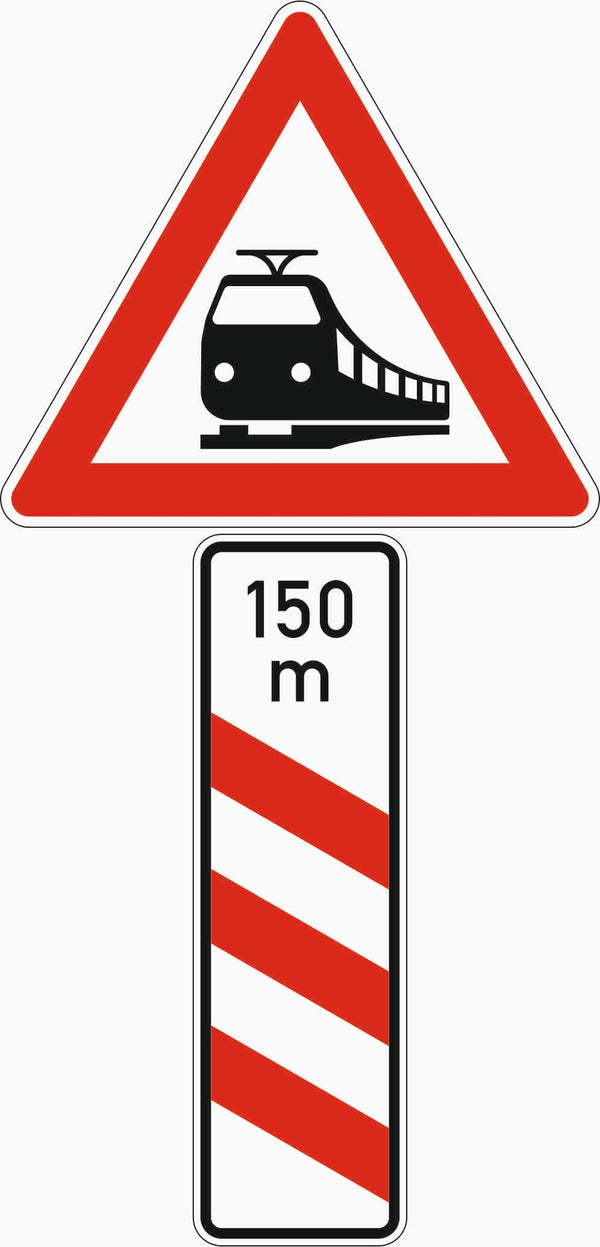 Verkehrszeichen "Bahnübergang mit dreistreifiger Bake, mit Entfernungsangaben Aufstellung links" - VZ 156-21