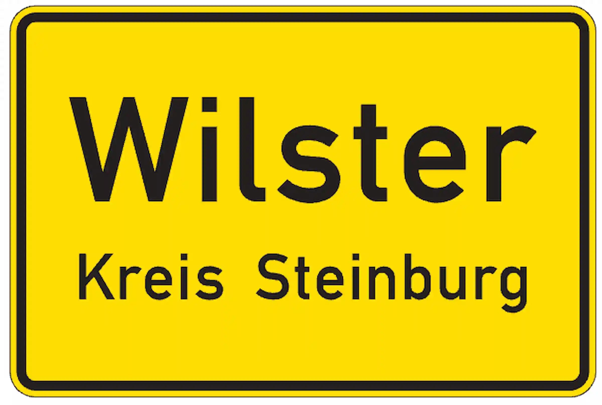 Verkehrszeichen 310: gelbe Ortstafel mit schwarzem Ortsnamen, kennzeichnet den Beginn einer geschlossenen Ortschaft, ab hier gilt Tempo 50.