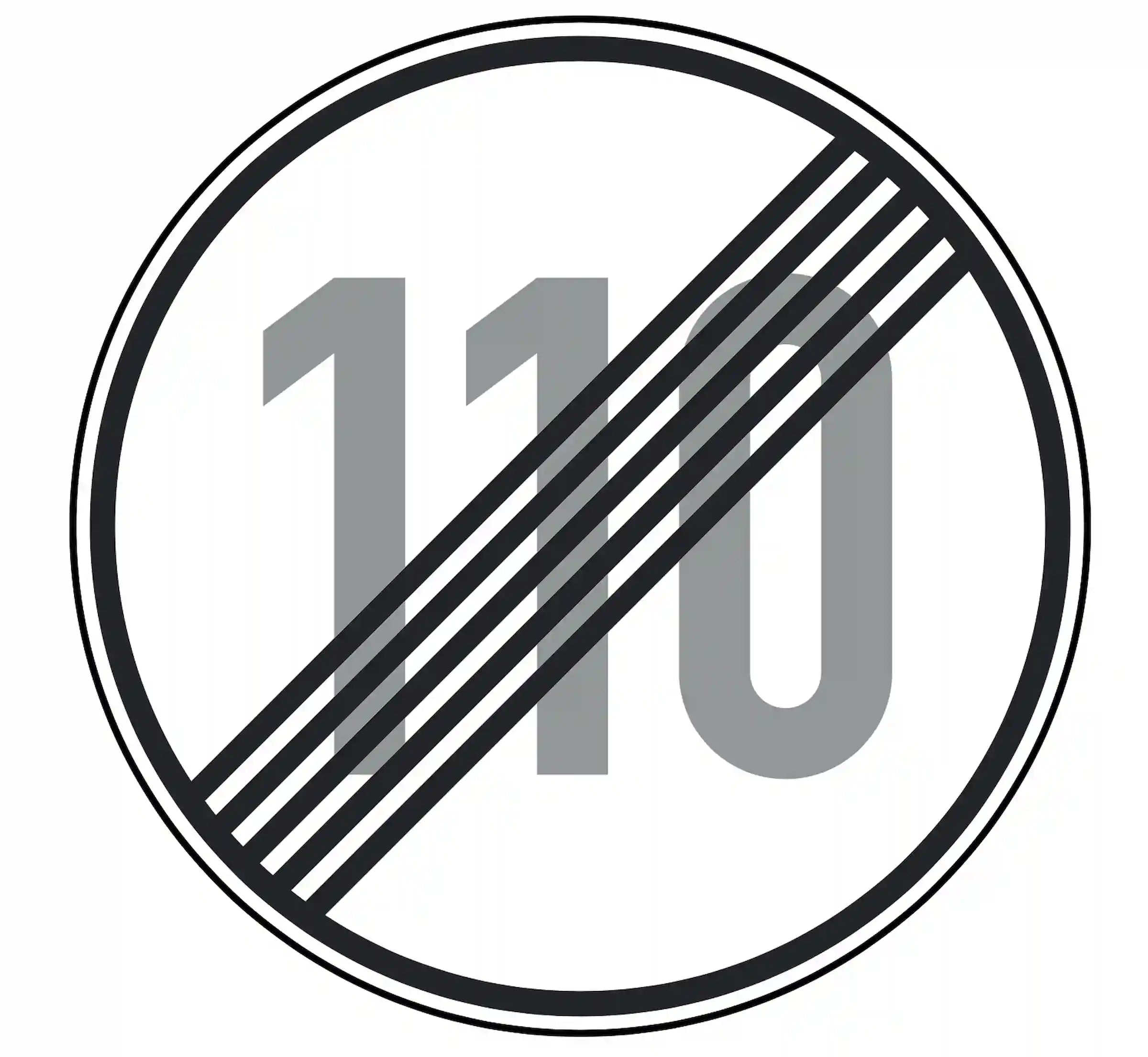 Verkehrszeichen 278-110: Rundschild, durchgestrichene „110“ – Ende der Höchstgeschwindigkeit 110 km/h.