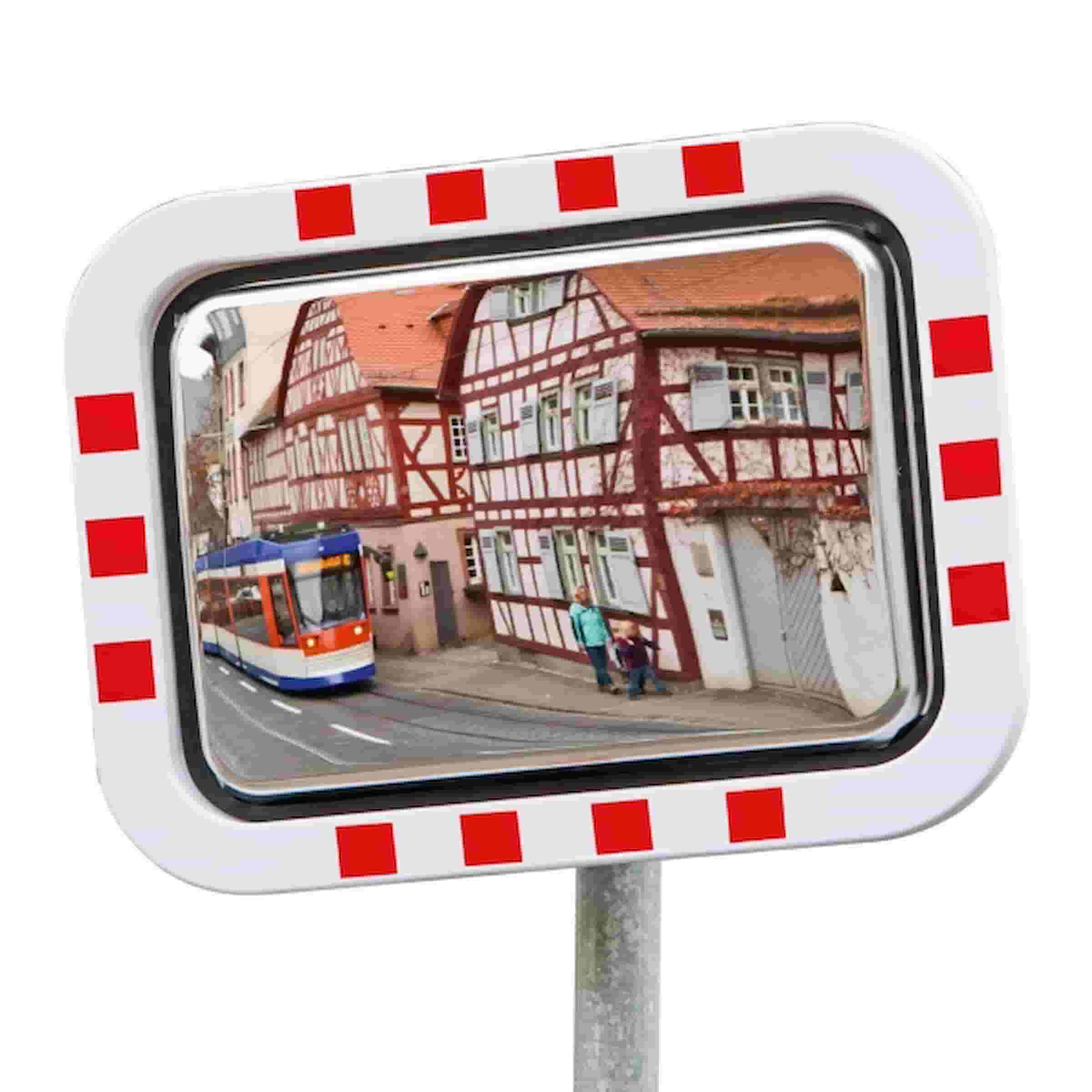 Verkehrsspiegel mit Edelstahlfläche und reflektierendem Kunststoffrahmen für langlebige Sicherheit.