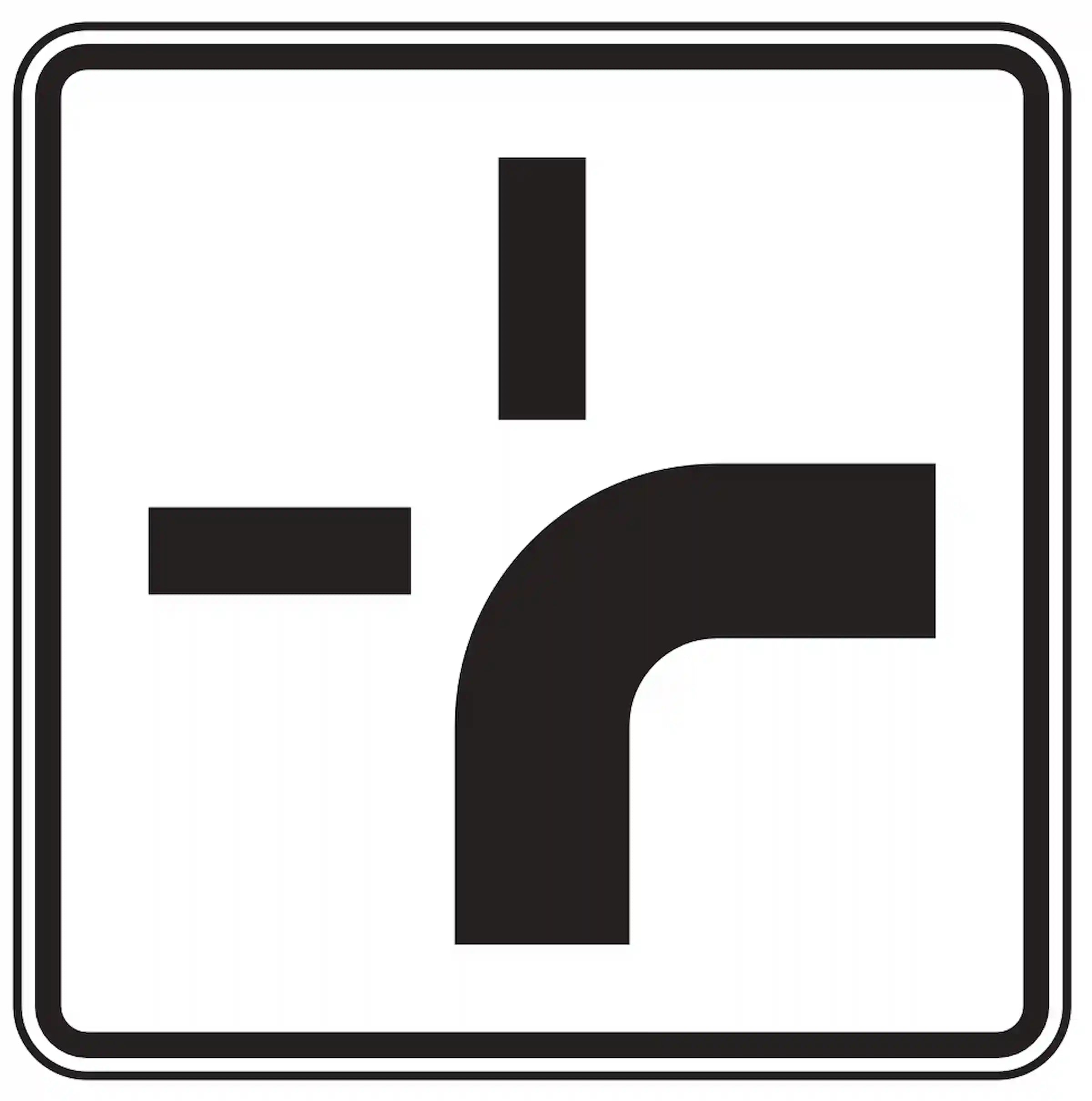 Verkehrszeichen 1002-20: Zusatzzeichen „Verlauf der Vorfahrtsstraße“. Zeigt an, dass die Vorfahrtsstraße im Kreuzungsbereich geradeaus verläuft – als Ergänzung zum Vorfahrtsschild (VZ 306).