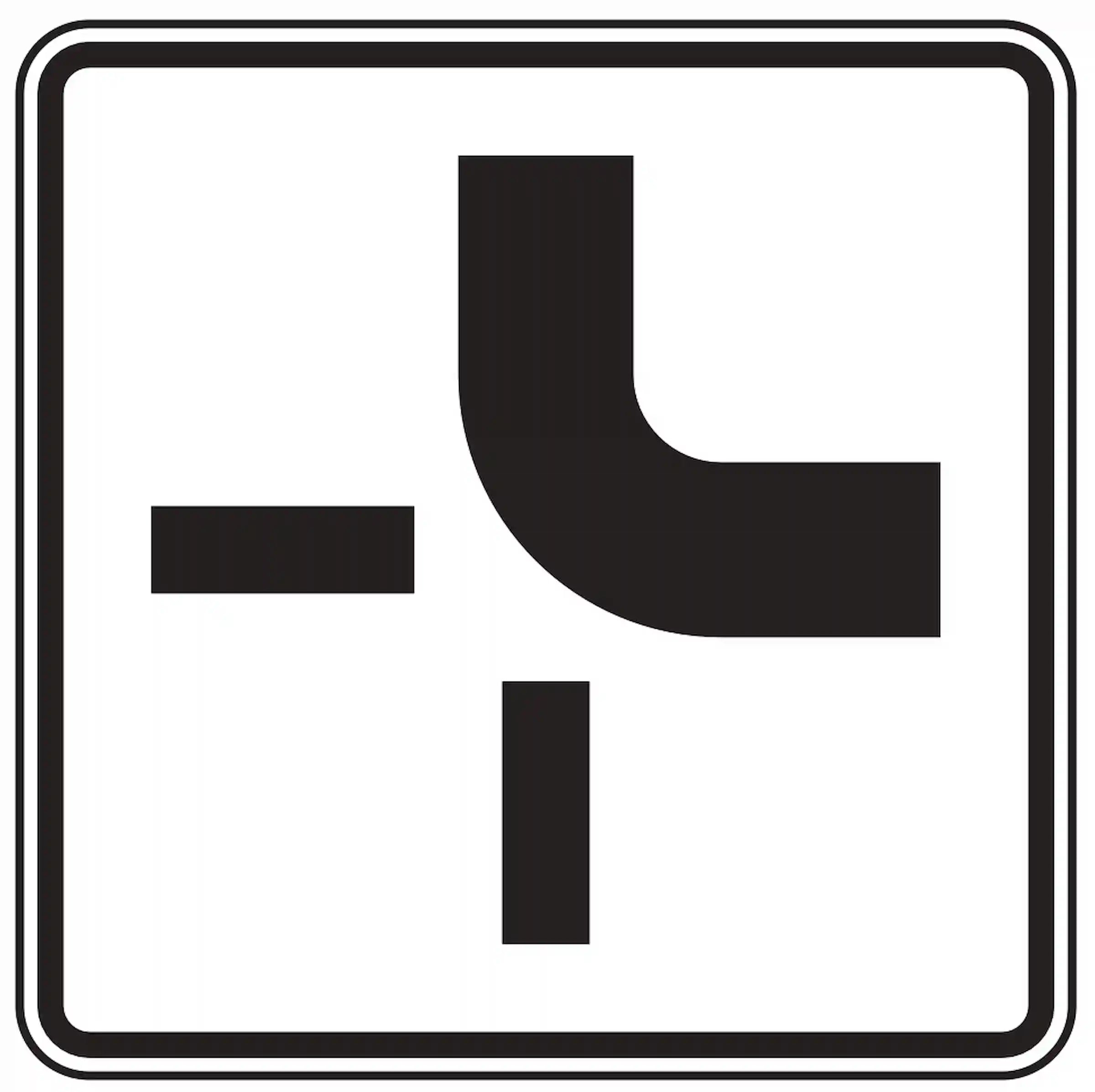 Verkehrszeichen 1002-21: Zusatzzeichen „Verlauf der Vorfahrtsstraße“. Zeigt an, dass die Vorfahrtsstraße im Kreuzungsbereich rechts abknickt – als Ergänzung zum Vorfahrtsschild (VZ 306).