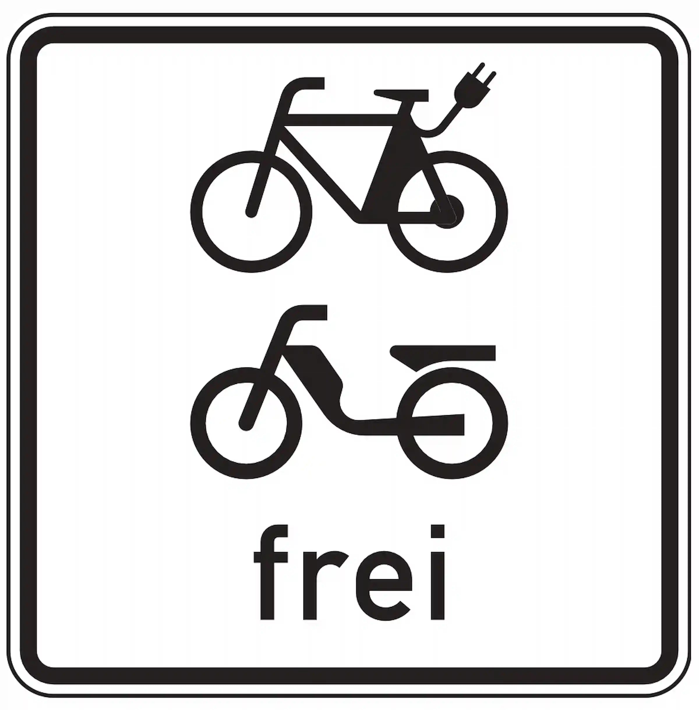 Verkehrszeichen 1022-15: Zusatzzeichen „E-Bikes und Mofas frei“. Hebt ein Verkehrsverbot – z. B. laut VZ 250 – für E-Bikes und Mofas auf.