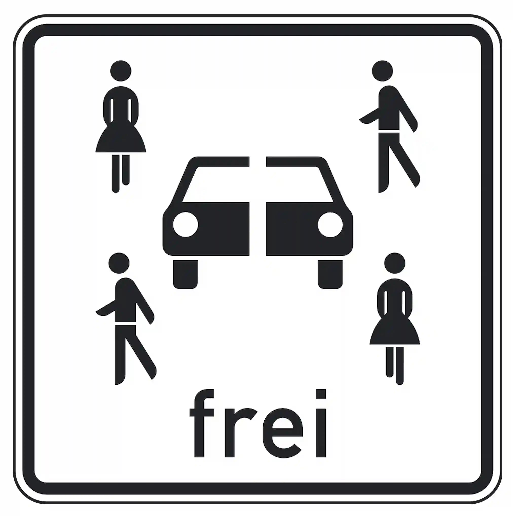 Verkehrszeichen 1024-21: Zusatzzeichen „Carsharingfahrzeuge frei“. Hebt ein bestehendes Verkehrsverbot für Carsharingfahrzeuge mit gültiger Plakette auf. Gilt nur für benannte Anbieter, wenn zusätzlich ein Namensschild angebracht ist.
