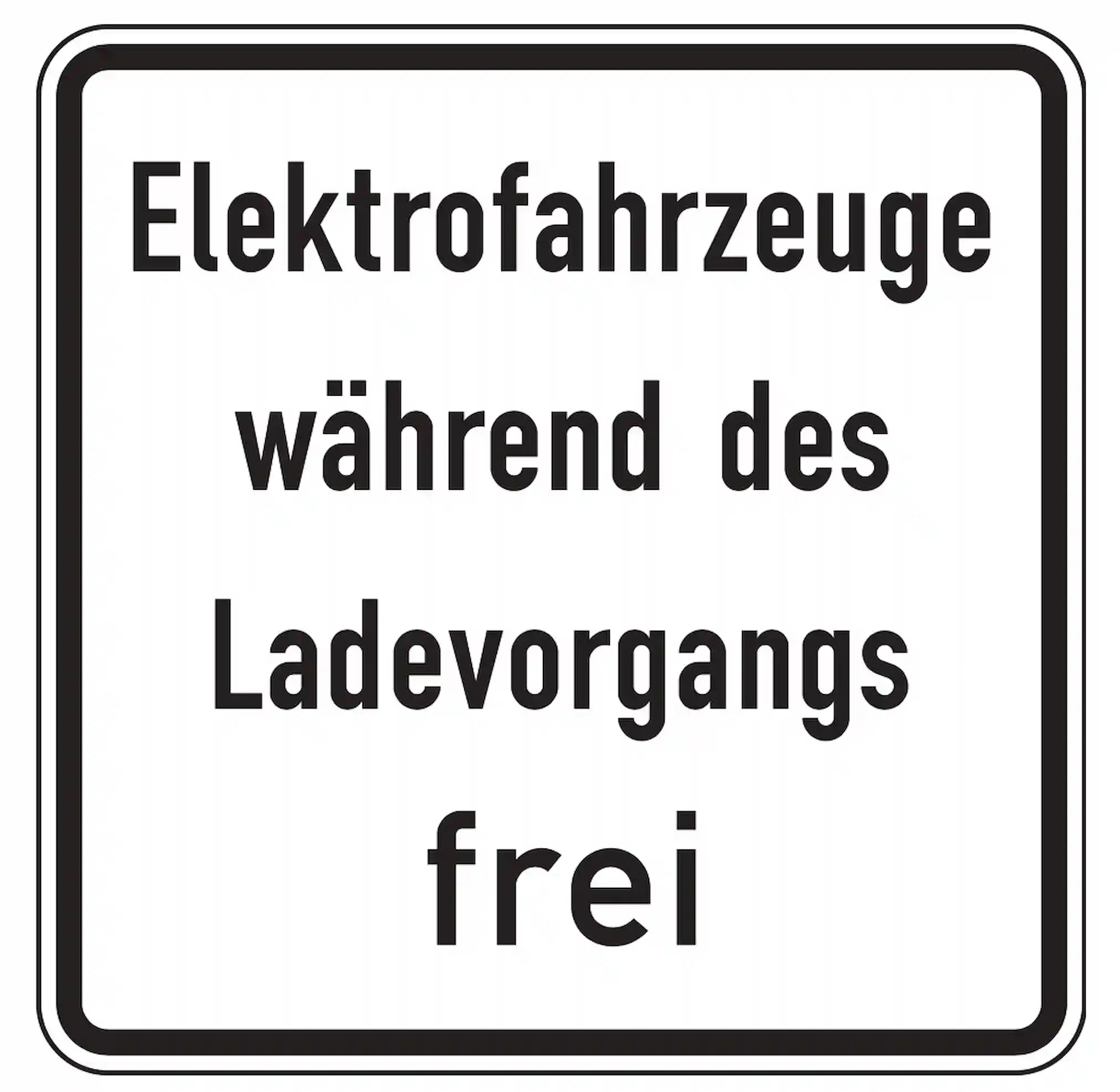Verkehrszeichen 1026-60: Zusatzzeichen „Elektrofahrzeuge während des Ladevorgangs frei“. Hebt ein Verkehrsverbot für ladende Elektrofahrzeuge auf – meist an Ladesäulen, um Parkflächen freizuhalten.