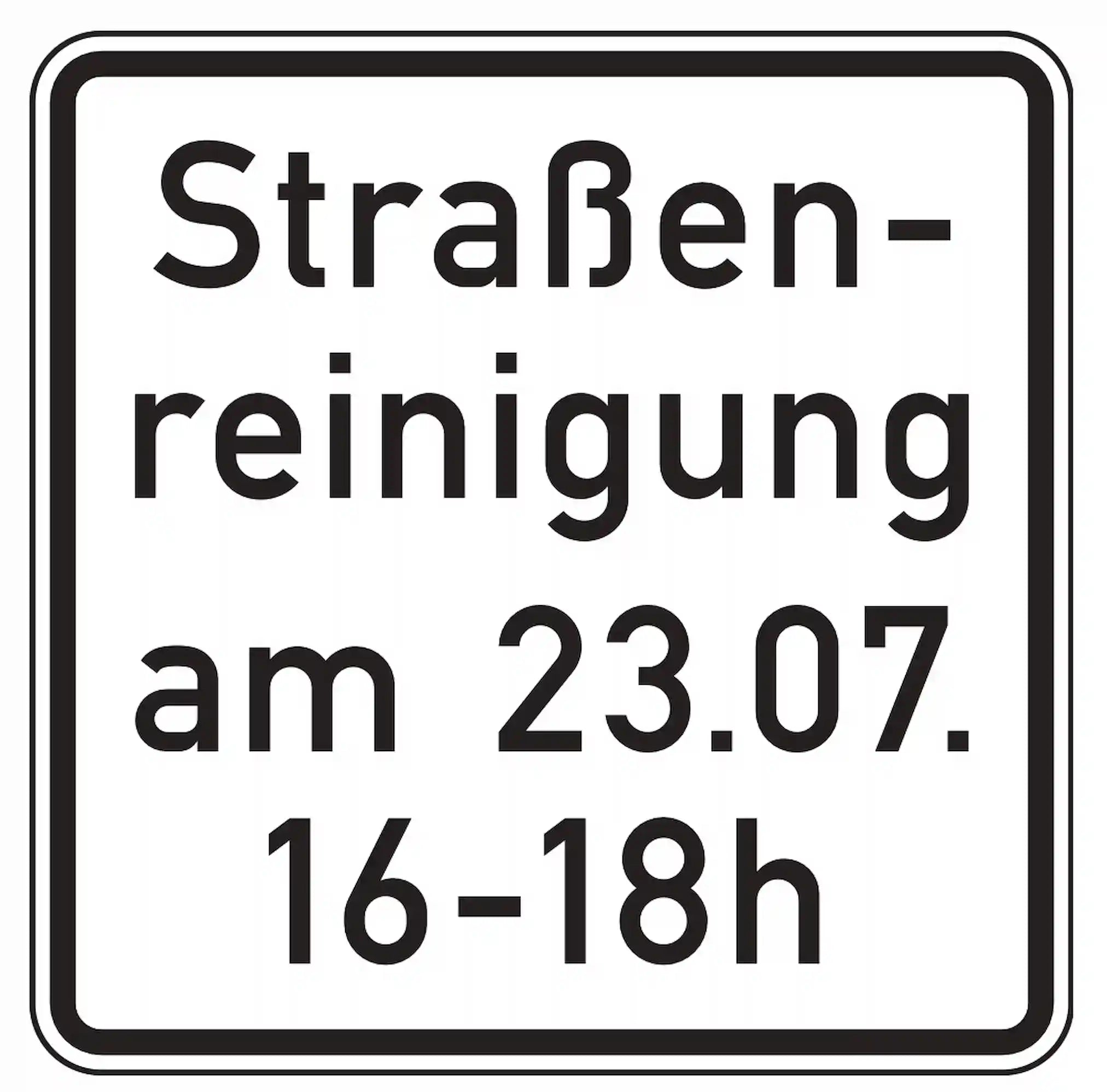 Verkehrszeichen 1042-50: Zusatzzeichen „Straßenreinigung mit Zeit- und Datumsangabe“. Gibt an, dass das zugehörige Verkehrszeichen nur zu bestimmten Zeiten an einem festgelegten Tag gilt.