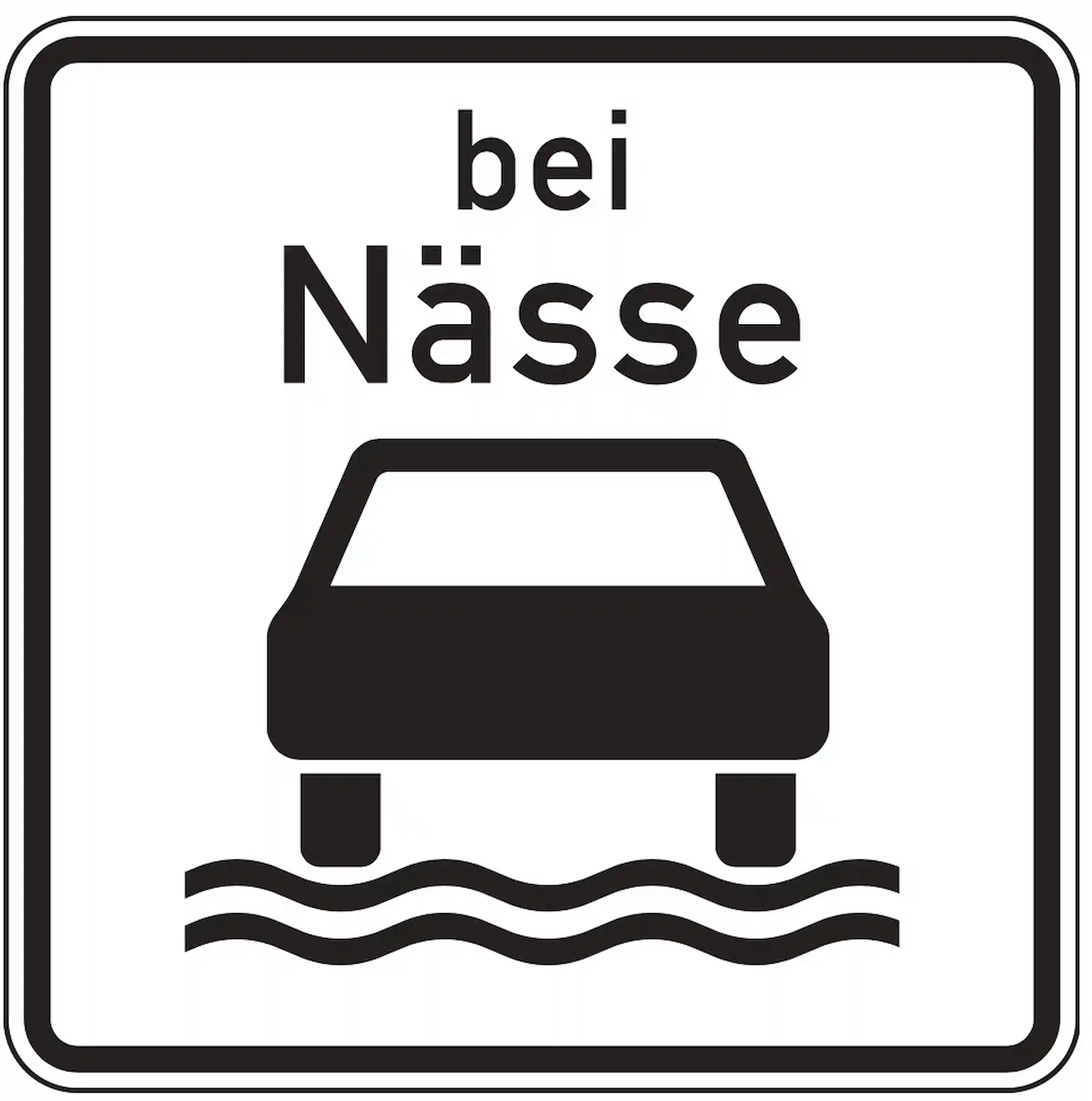 Verkehrszeichen 1053-35: Zusatzzeichen „Bei Nässe“. Gilt nur bei nasser Fahrbahn – oft in Verbindung mit Tempolimits, z. B. wegen eingeschränkter Griffigkeit.