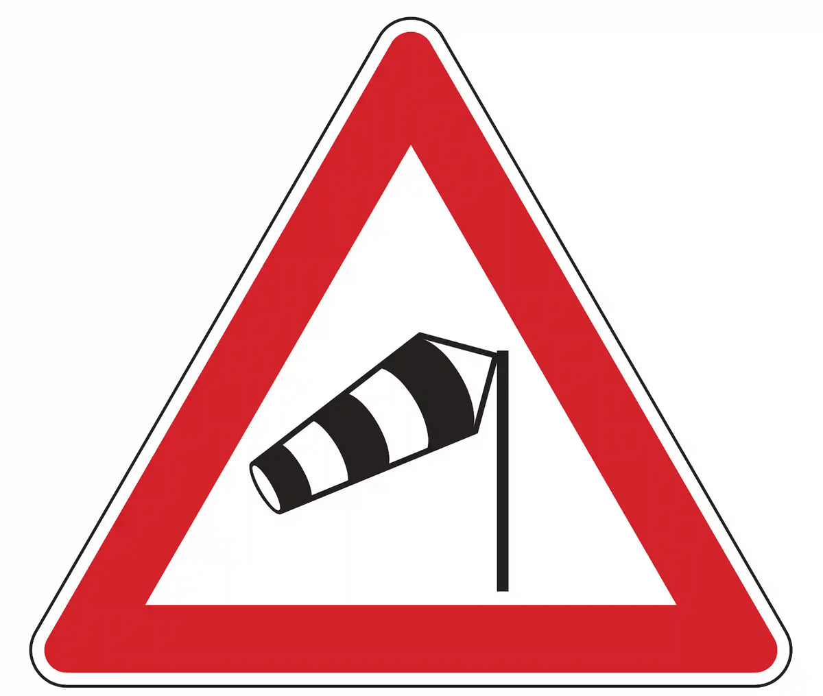 Verkehrszeichen 117-10: Dreieck mit Windsack – warnt vor starkem Seitenwind von rechts.