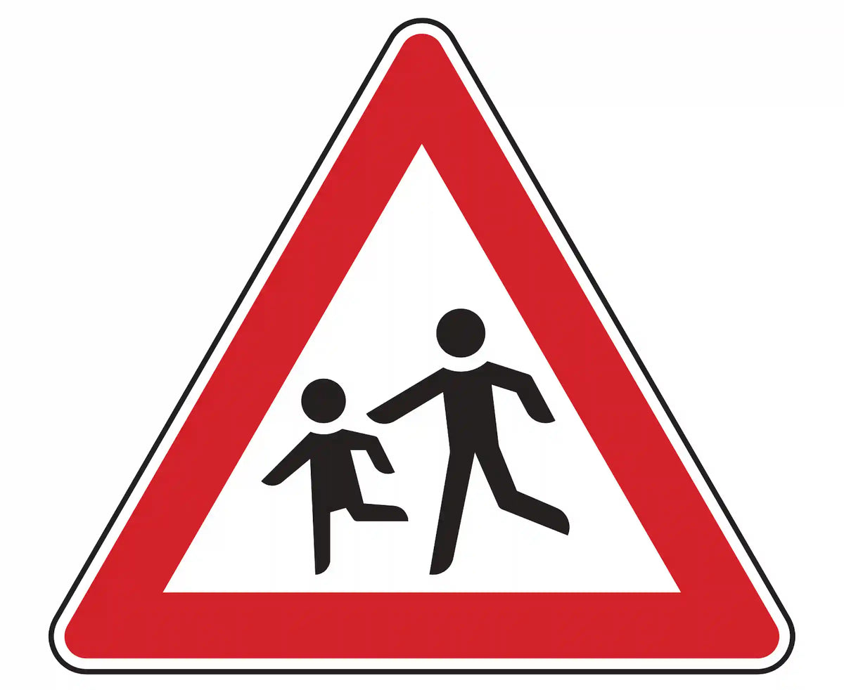 Verkehrszeichen 136-10: Dreieck mit spielenden Kindern – warnt rechts vor plötzlich querenden Kindern.