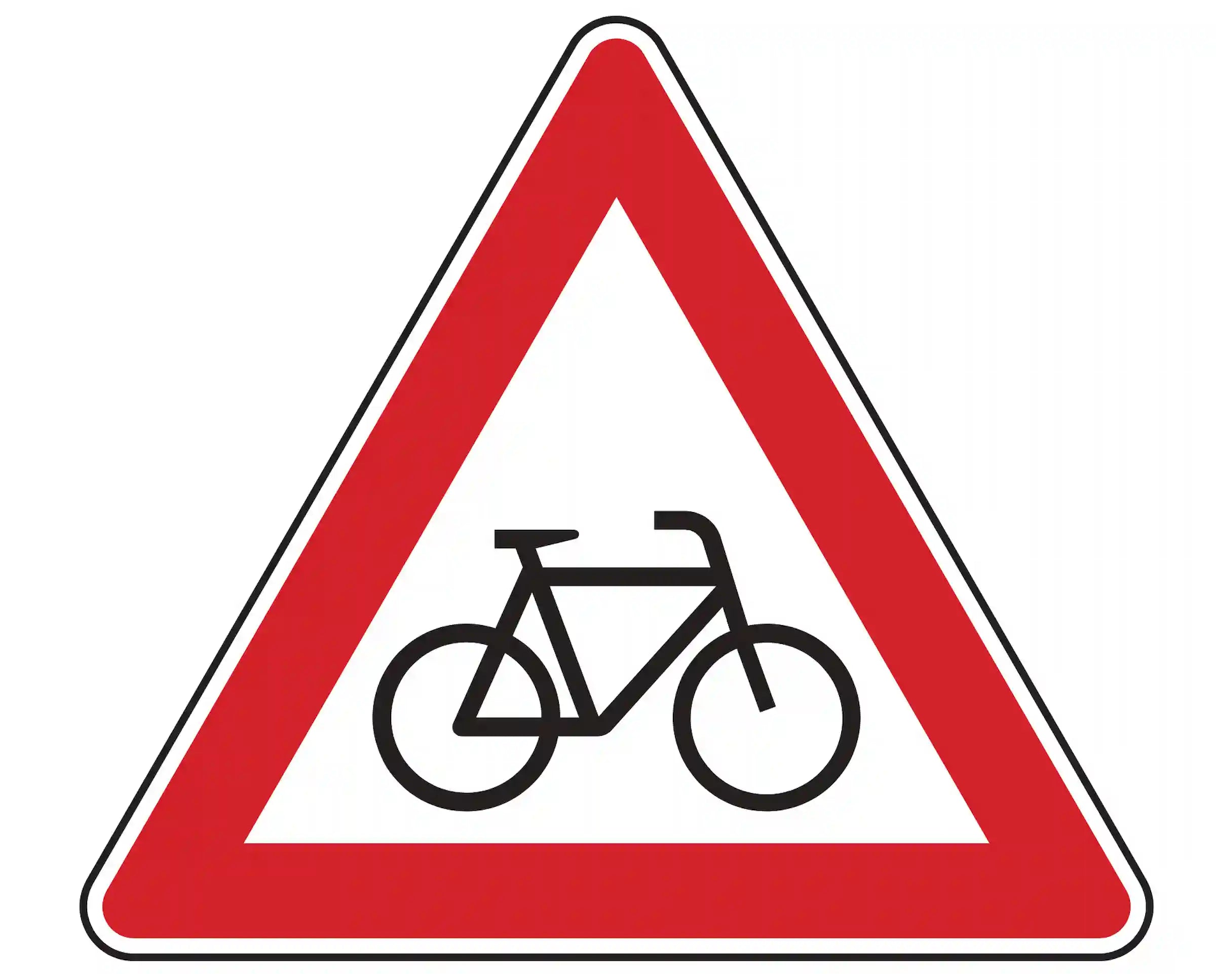 Warnschild 138-20: rotes Dreieck mit Fahrrad­symbol; steht links und weist auf Stellen hin, an denen Radfahrer häufig und plötzlich die Fahrbahn kreuzen.