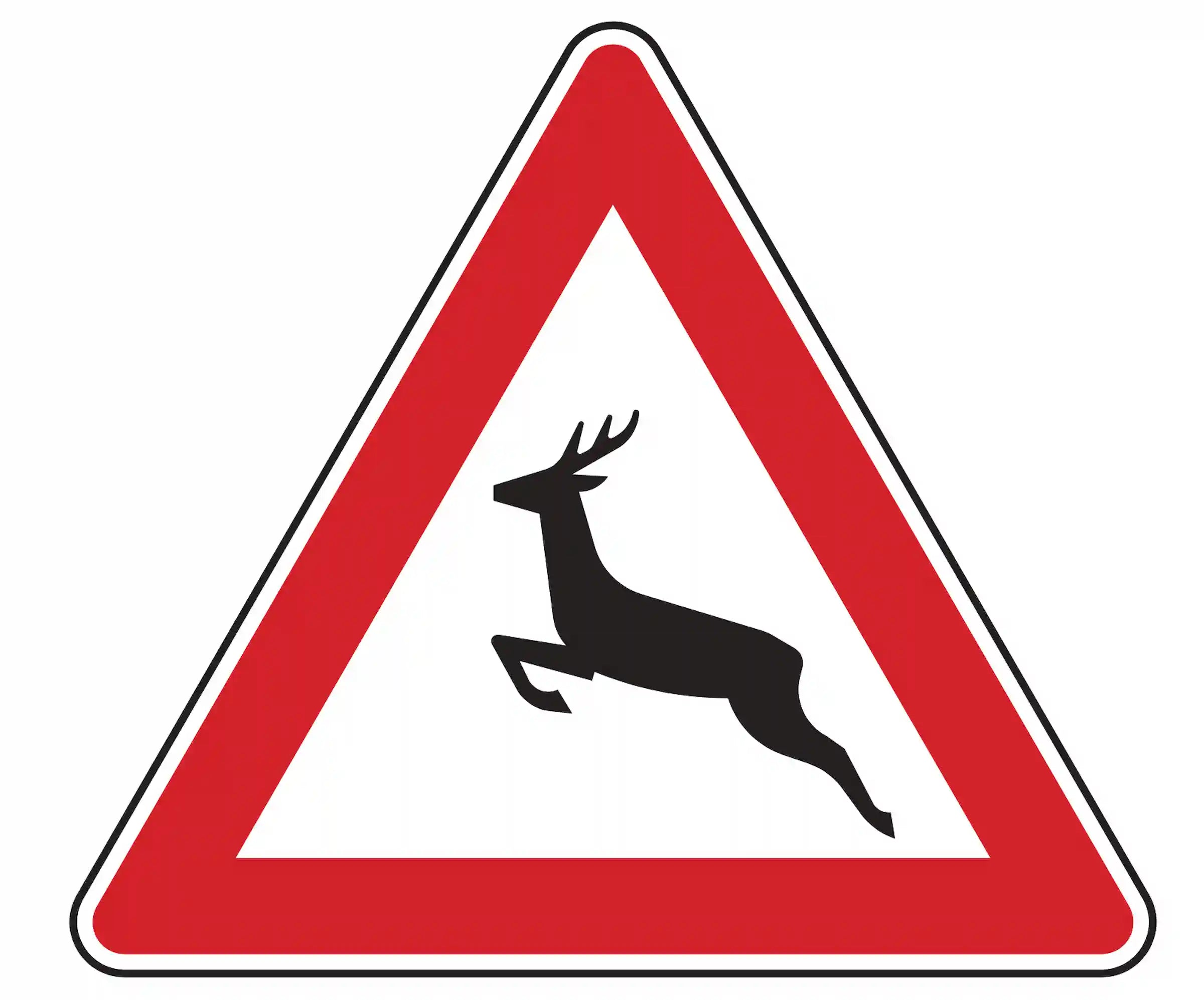 Verkehrszeichen 142-10: Dreieck mit Hirsch – warnt rechts vor plötzlichem Wildwechsel.