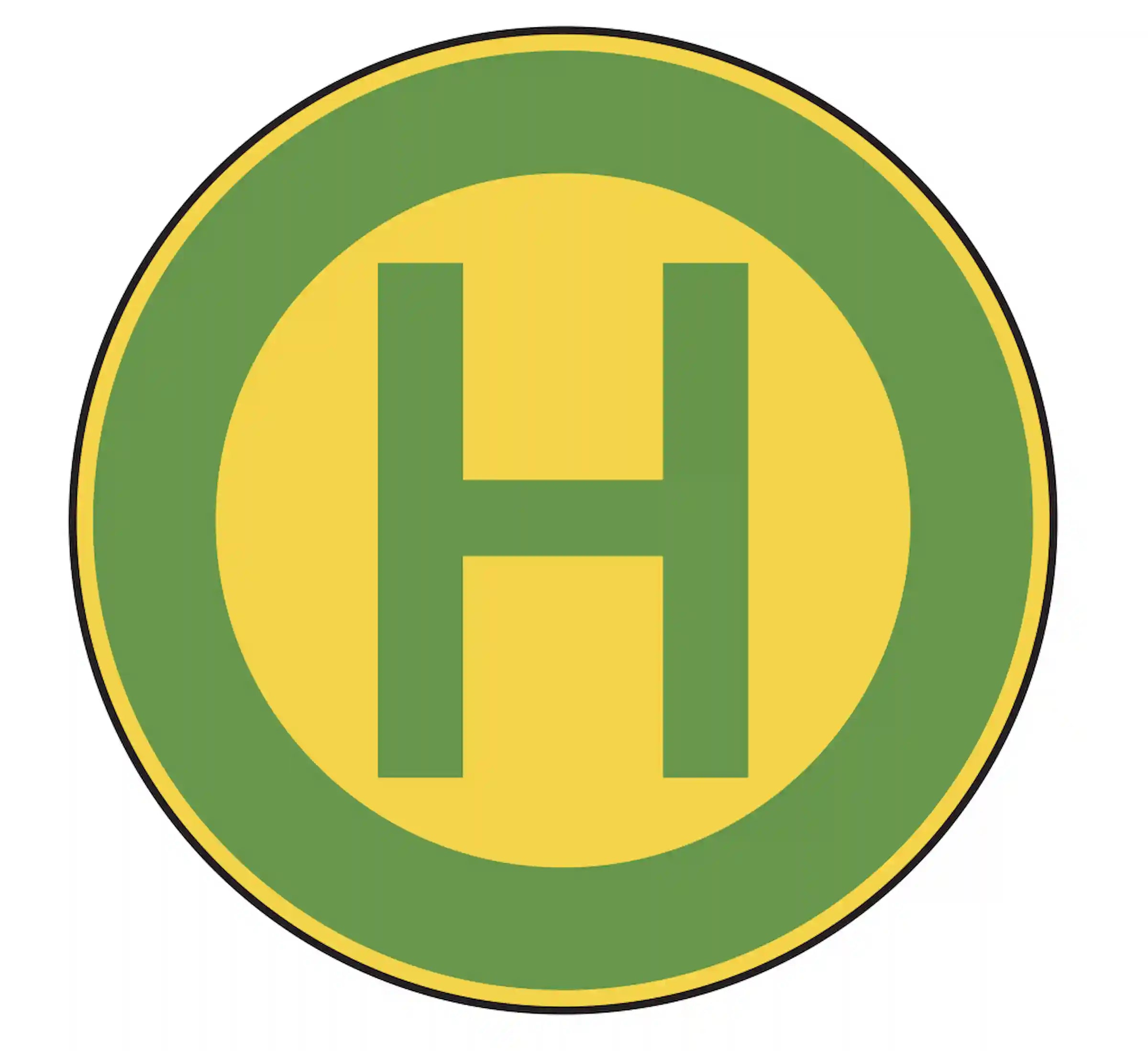Verkehrszeichen 224: weißes Schild, grüner Kreis mit gelbem ‚H‘ – Haltestelle Bus/Tram.