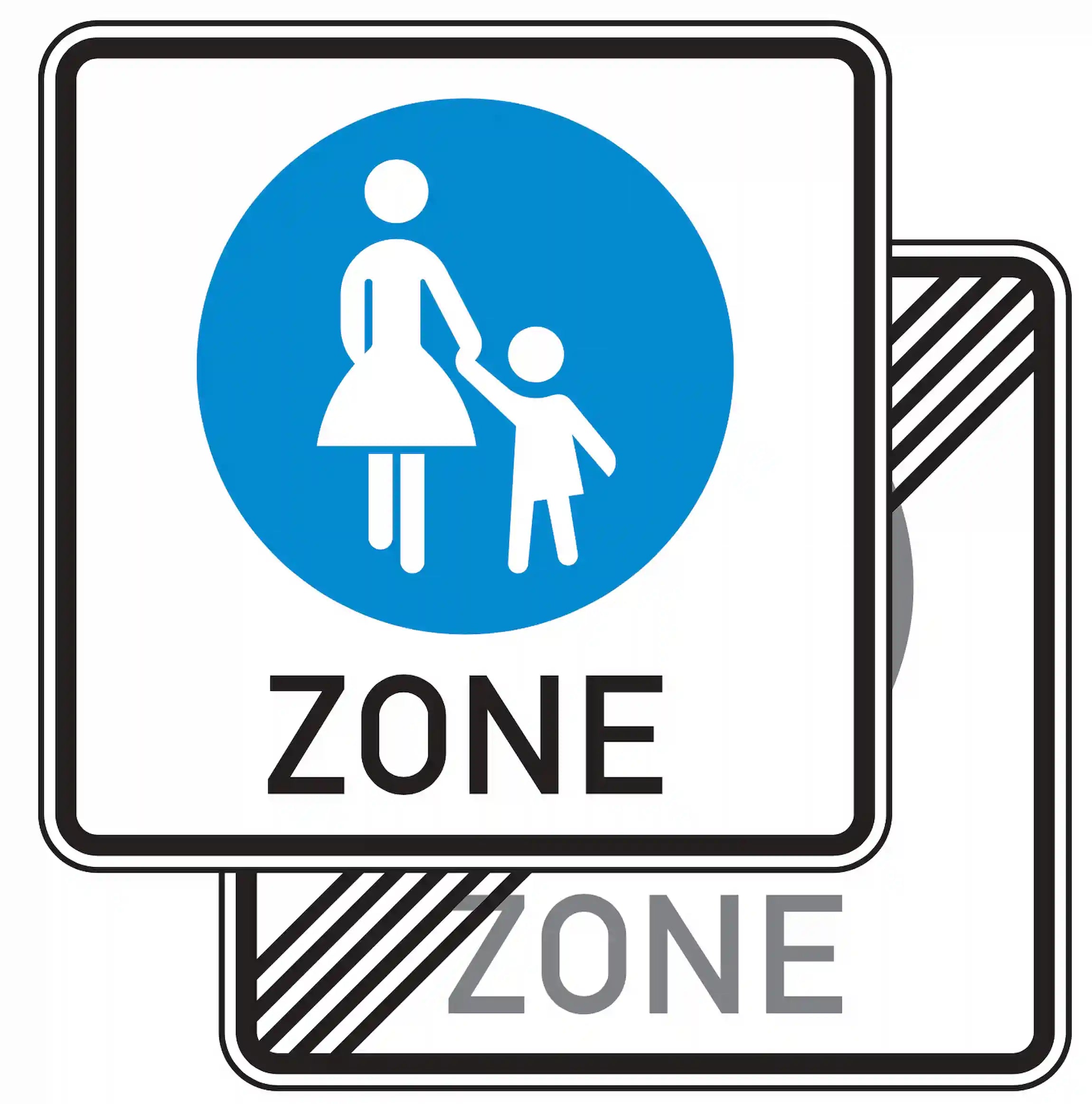 Verkehrszeichen 242.1-40: doppelseitiges blaues Quadrat mit Fußgängersymbol – beidseitiger Beginn/Ende Fußgängerzone.