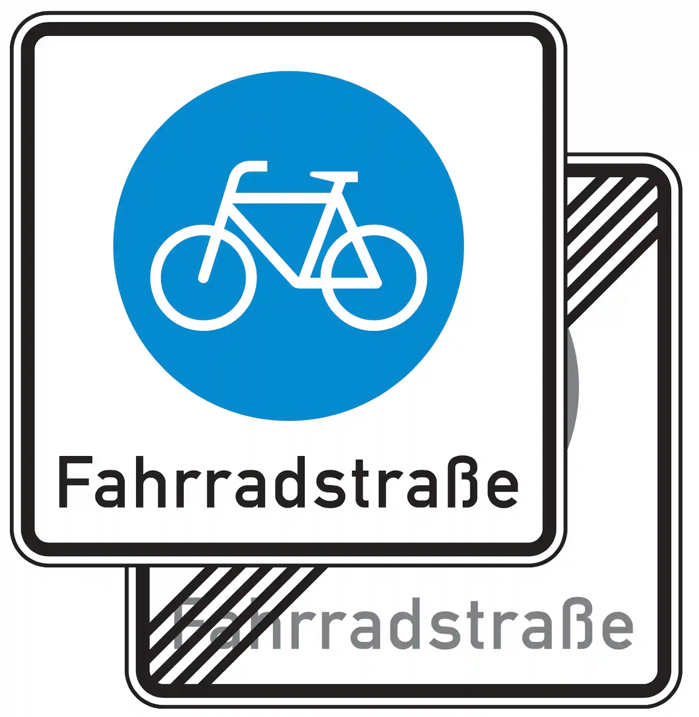 Verkehrszeichen 244.1-40: doppelseitiges blaues Quadrat mit weißem Fahrradsymbol – beidseitige Fahrradstraße.