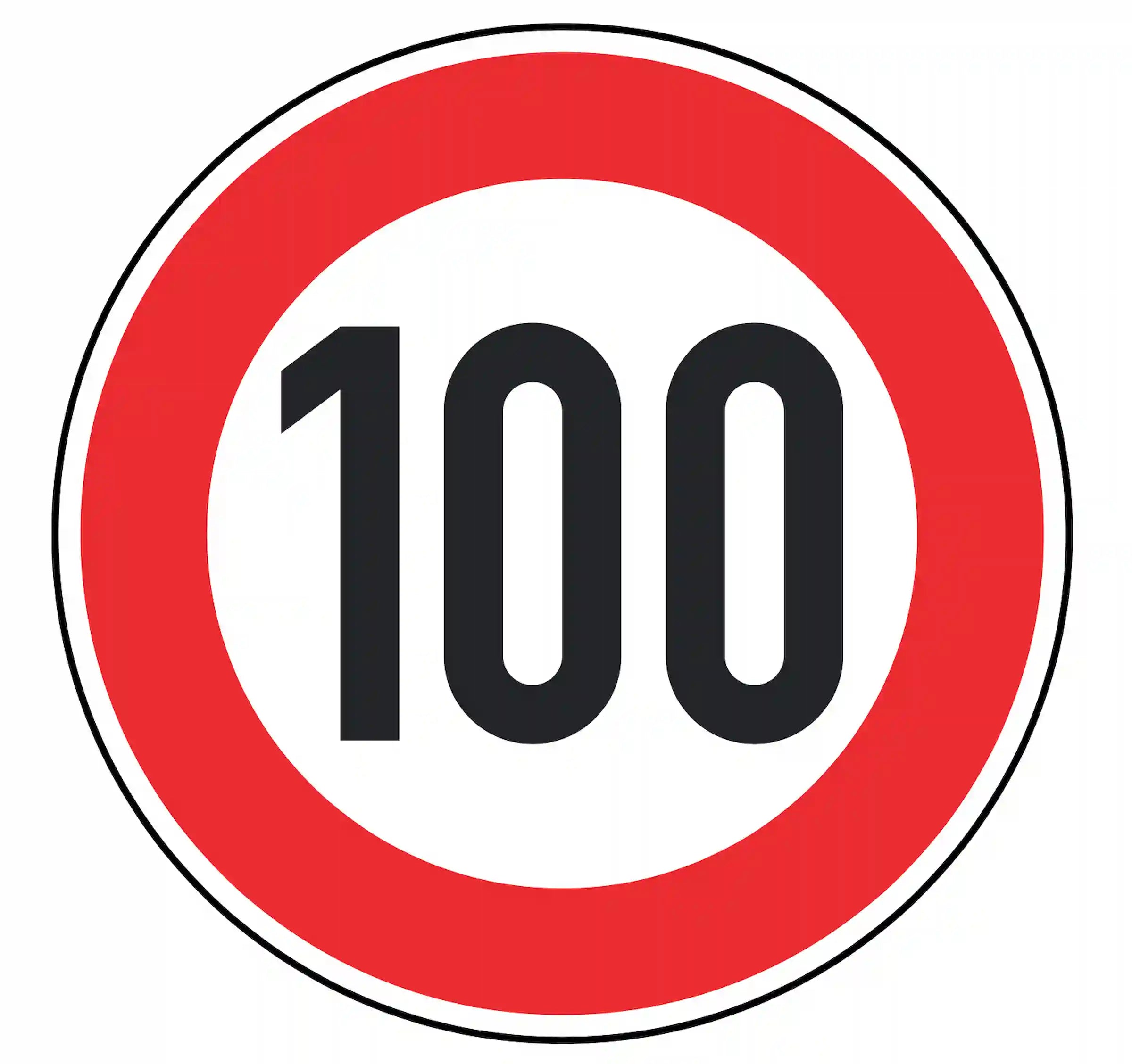 Verkehrszeichen 274-100: weißes Rundschild mit Ziffer 100 – zulässige Höchst­geschwindigkeit 100 km/h.