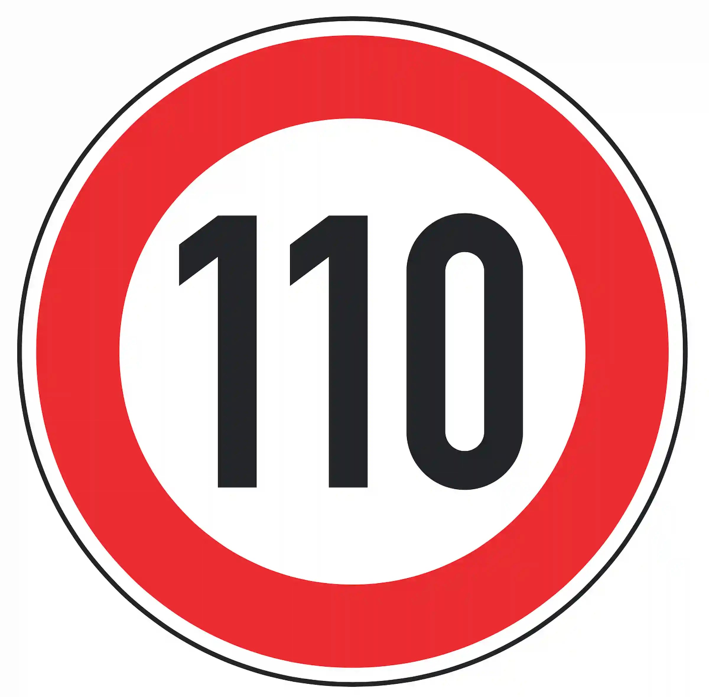 Verkehrszeichen 274-110: weißes Rundschild mit Ziffer 110 – zulässige Höchst­geschwindigkeit 110 km/h.