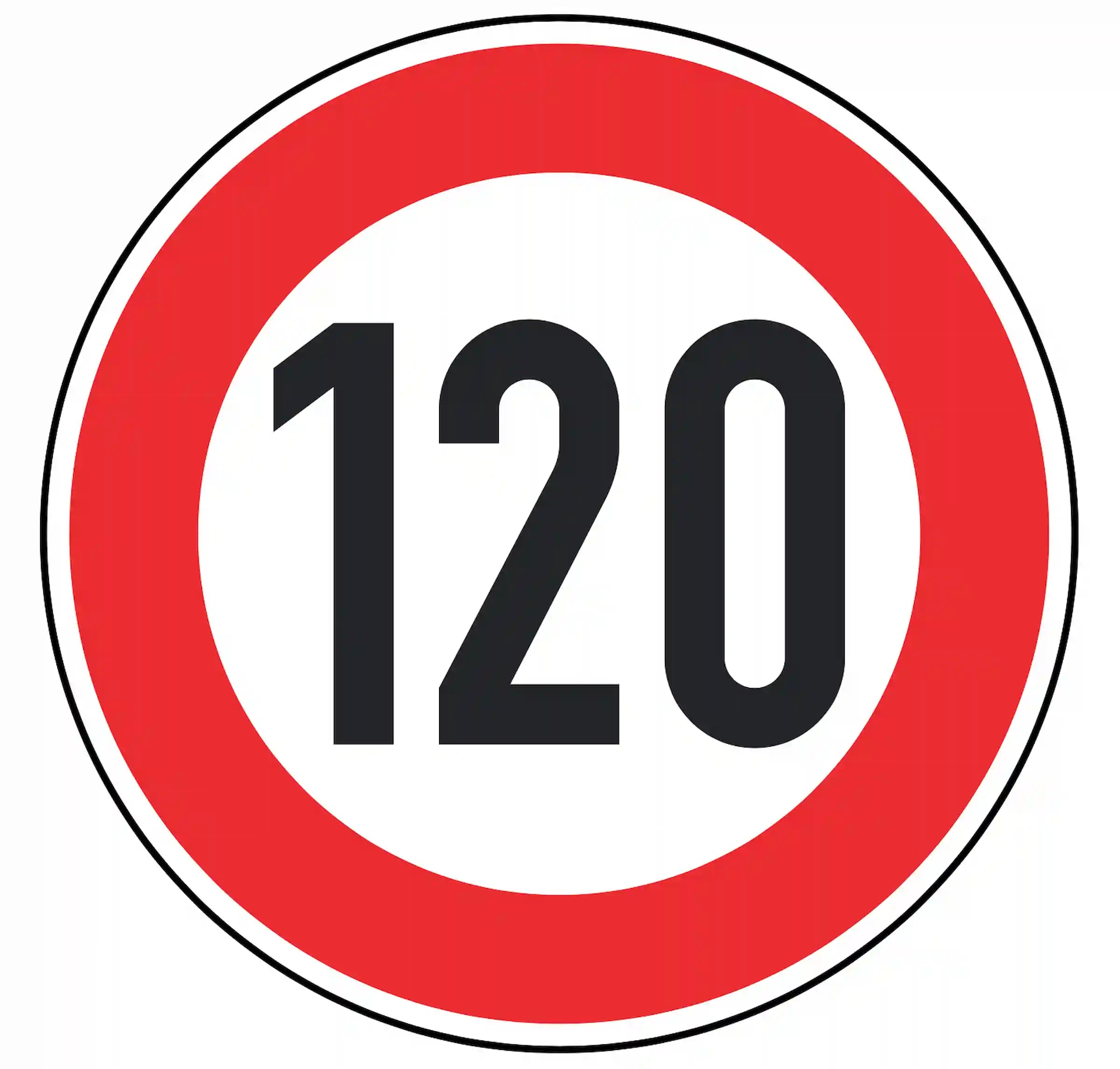 Verkehrszeichen 274-120: weißes Rundschild mit Ziffer 120 – zulässige Höchst­geschwindigkeit 120 km/h.