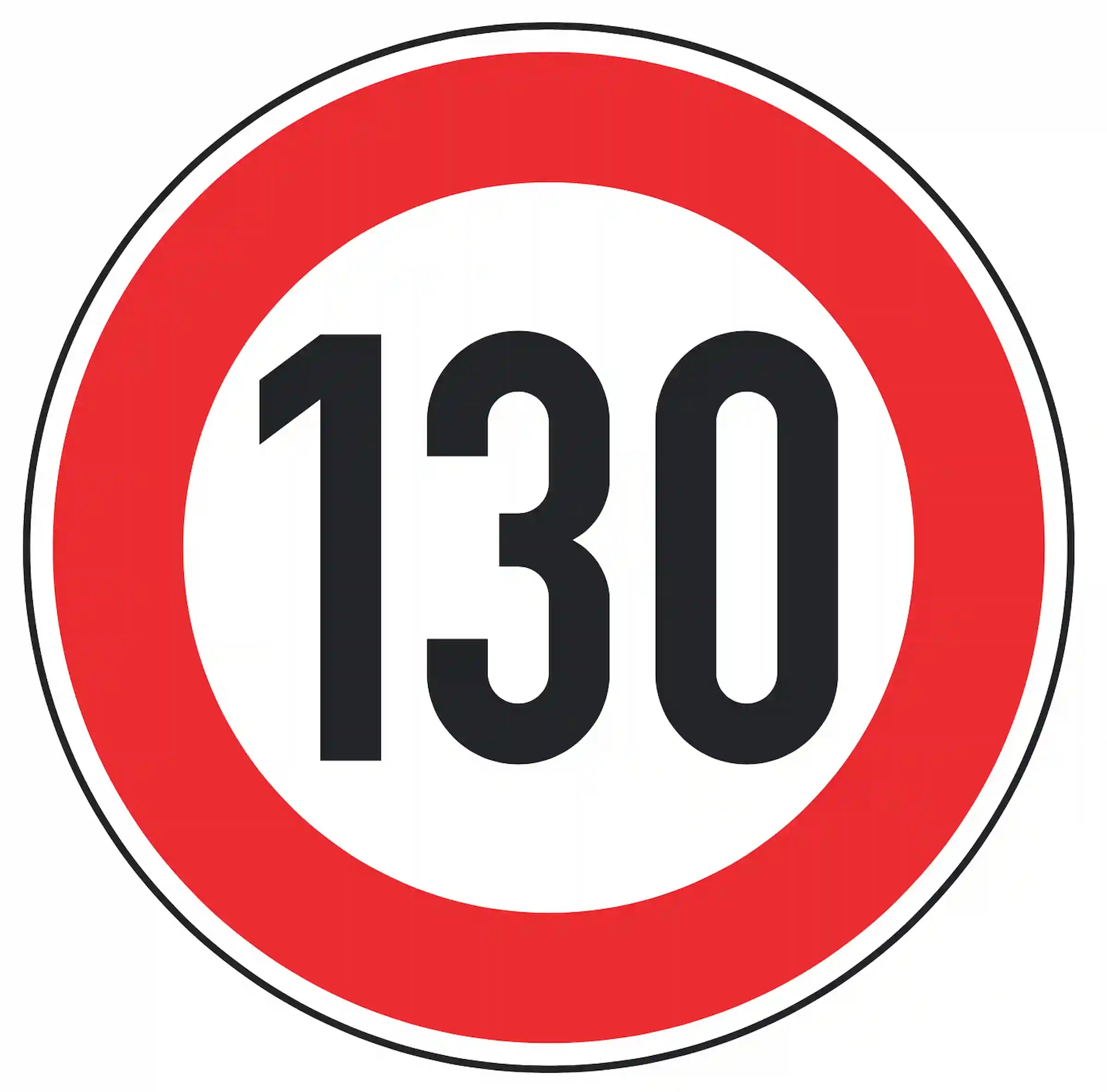 Verkehrszeichen 274-130: weißes Rundschild mit Ziffer 130 – zulässige Höchst­geschwindigkeit 130 km/h.