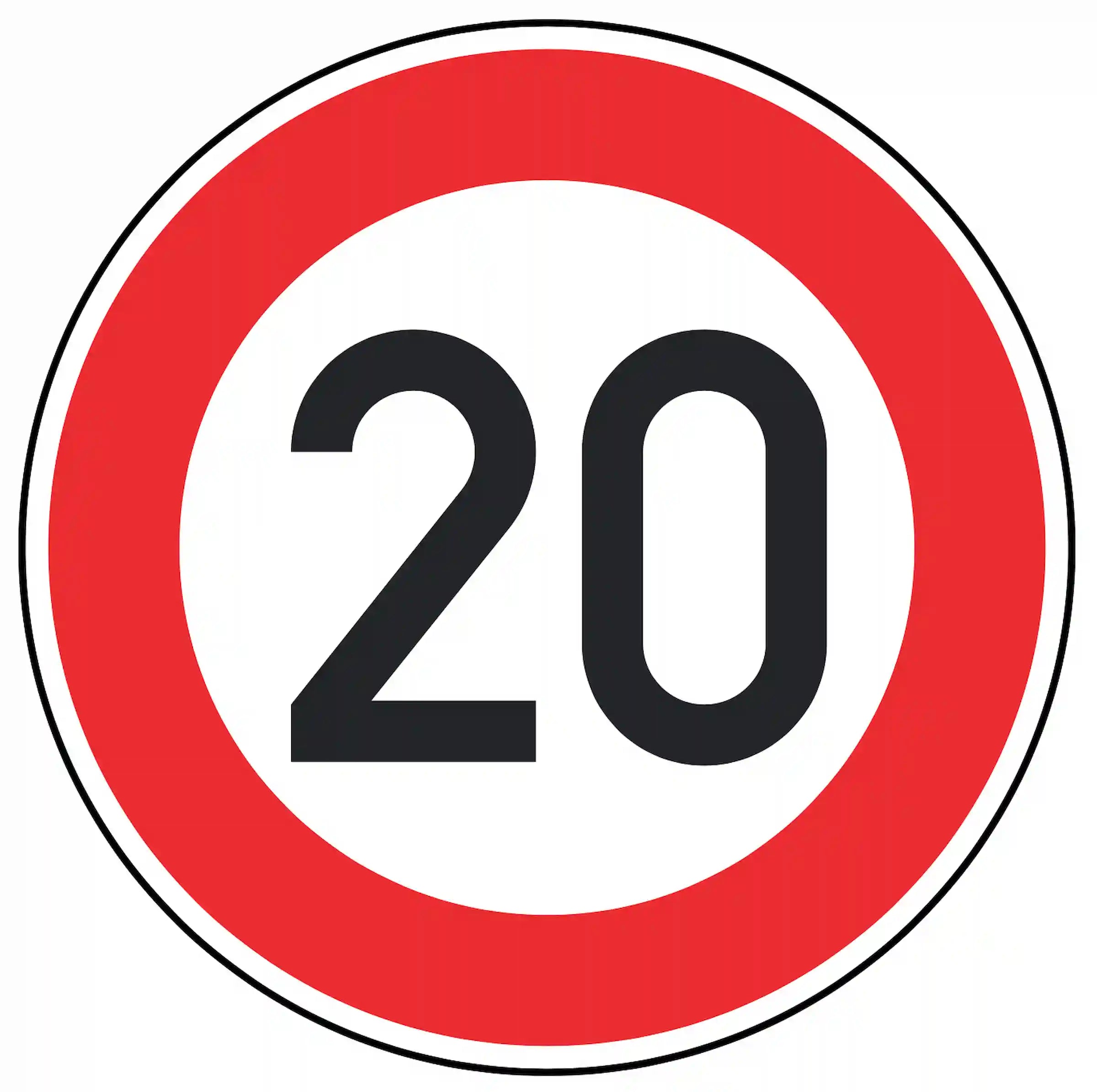 Verkehrszeichen 274-20: weißes Rundschild mit Ziffer 20 – zulässige Höchst­geschwindigkeit 20 km/h.