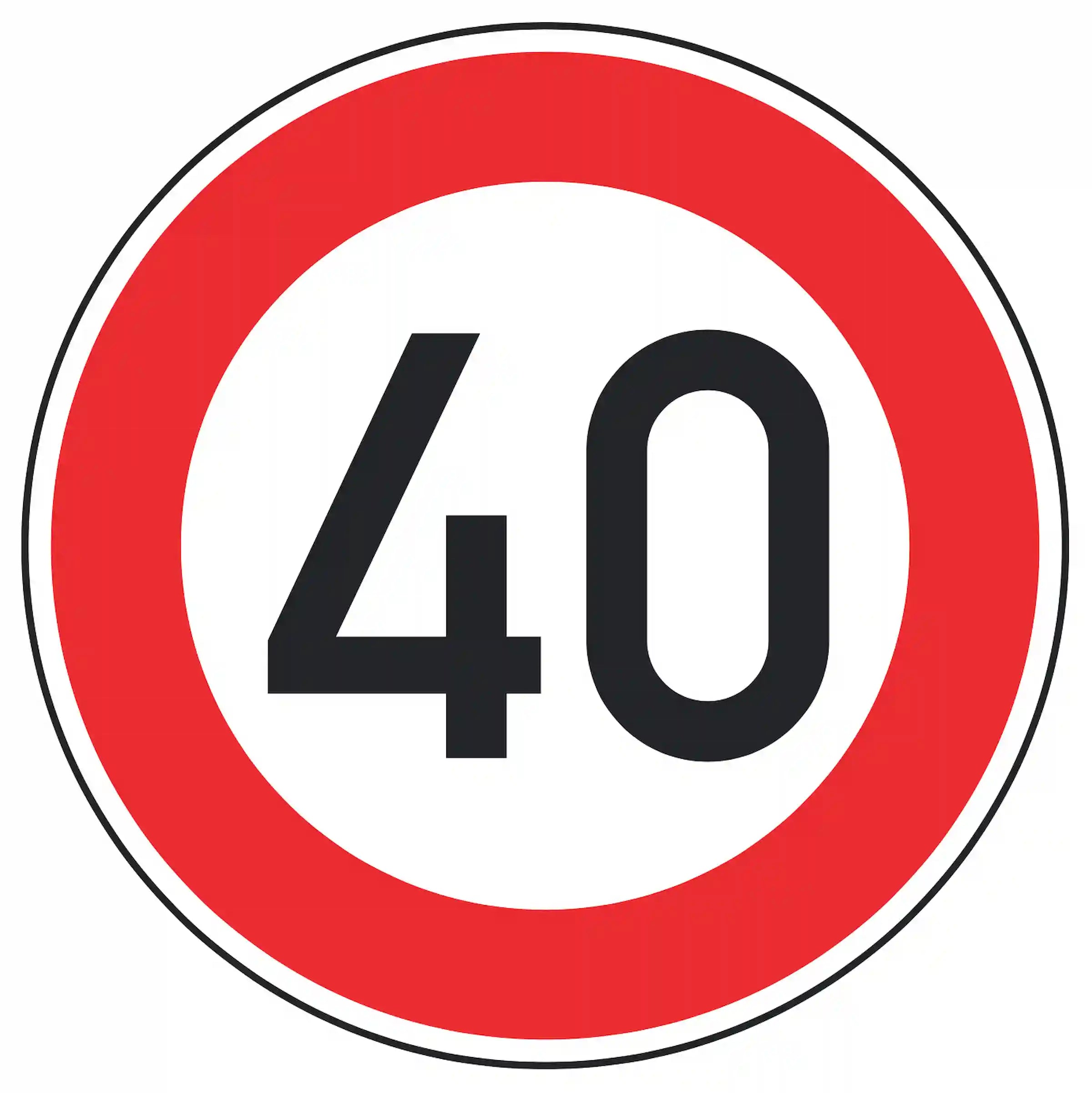 Verkehrszeichen 274-40: weißes Rundschild mit Ziffer 40 – zulässige Höchst­geschwindigkeit 40 km/h.