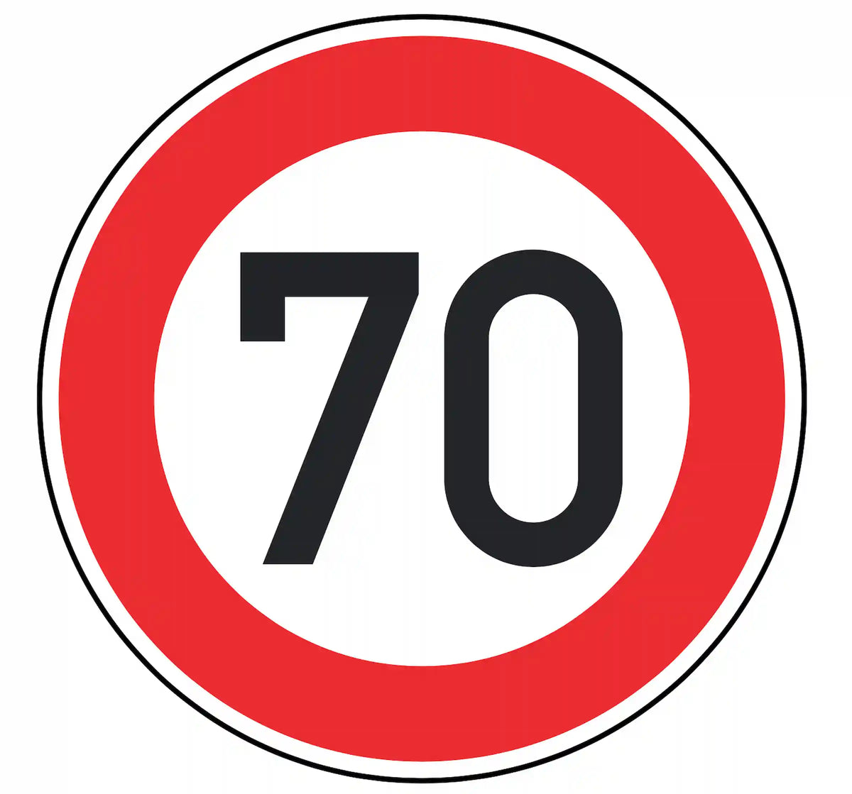 Verkehrszeichen 274-70: weißes Rundschild mit Ziffer 70 – zulässige Höchst­geschwindigkeit 70 km/h.