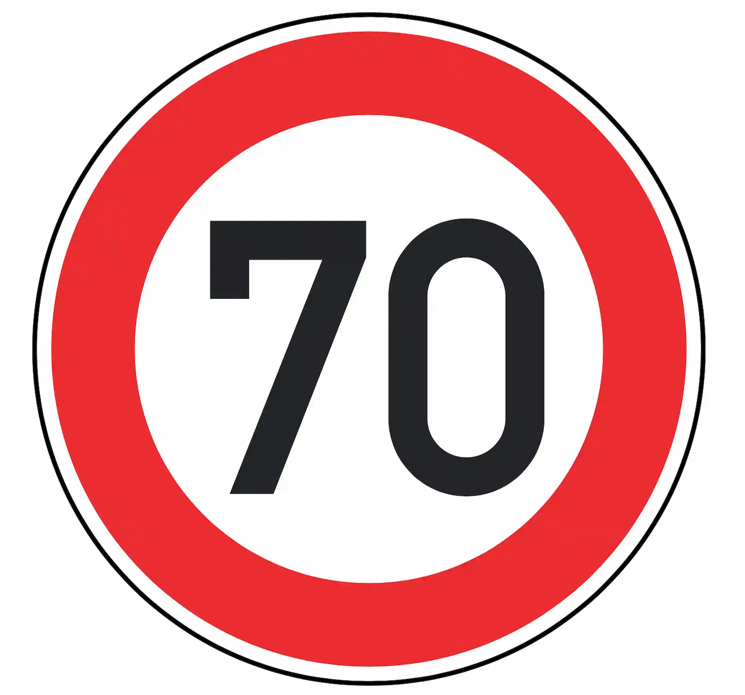 Verkehrszeichen 274-70: weißes Rundschild mit Ziffer 70 – zulässige Höchst­geschwindigkeit 70 km/h.