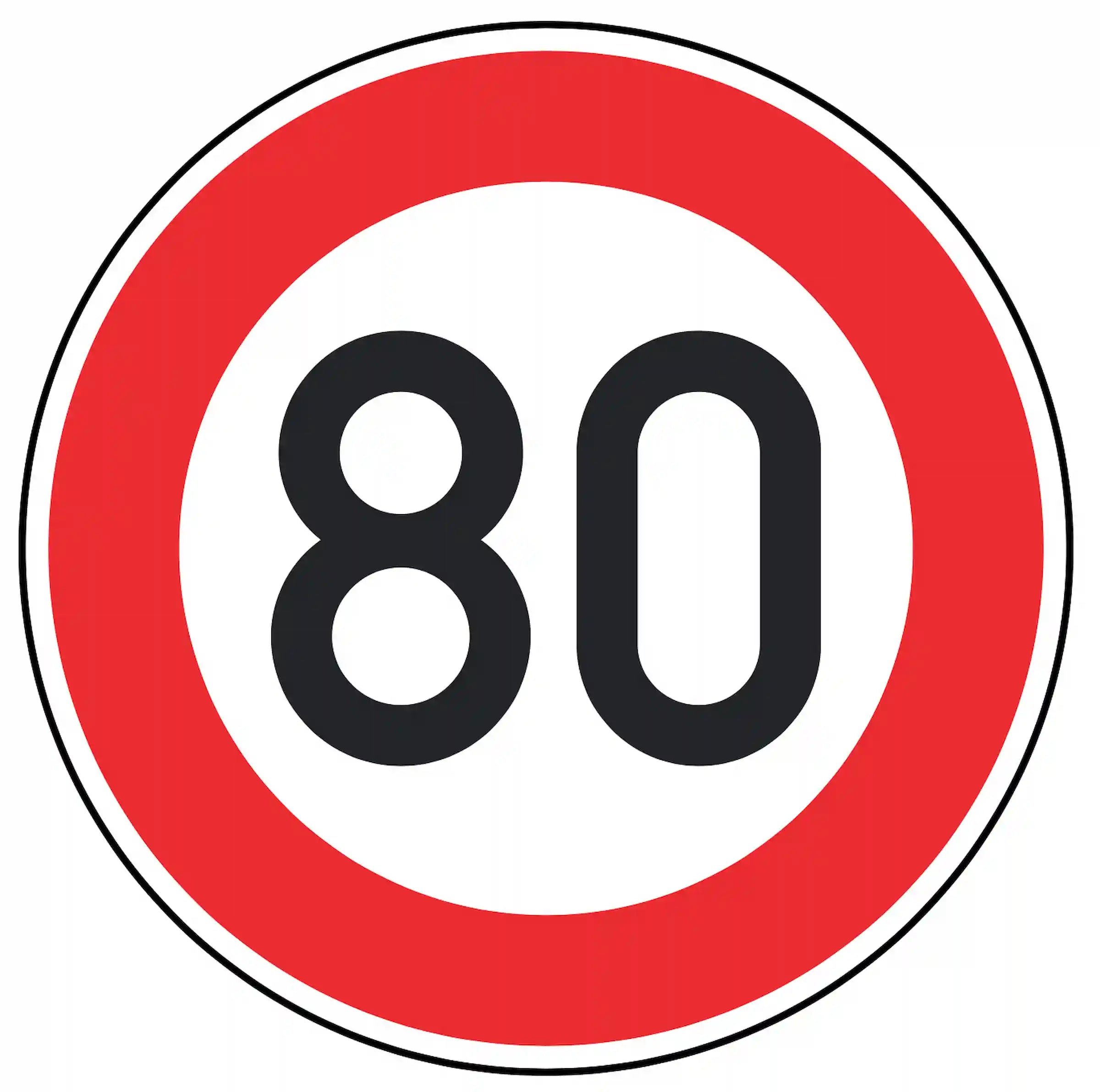 Verkehrszeichen 274-80: weißes Rundschild mit Ziffer 80 – zulässige Höchst­­geschwindigkeit 80 km/h.