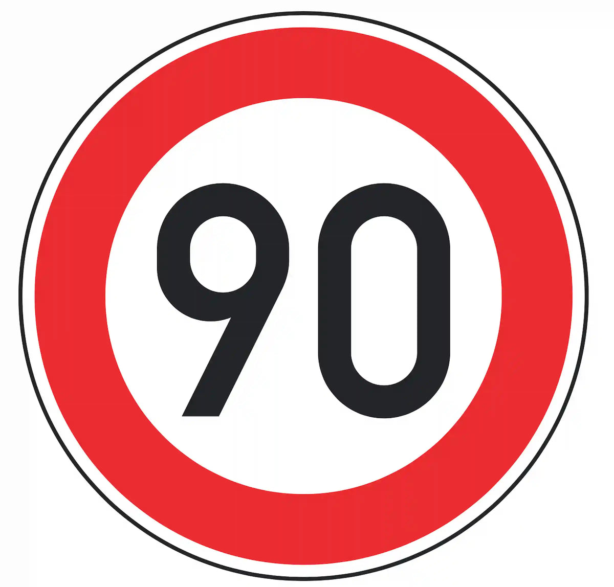 Verkehrszeichen 274-90: weißes Rundschild mit Ziffer 90 – zulässige Höchst­geschwindigkeit 90 km/h.