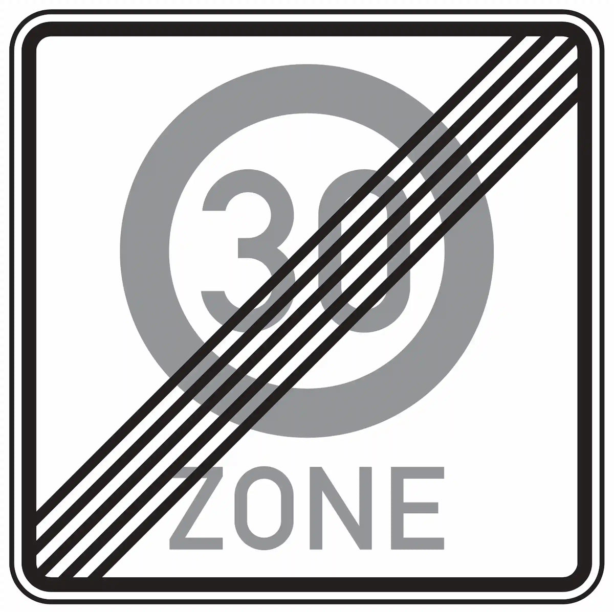 Verkehrszeichen 274.2: blaues Quadrat mit durchgestrichener weiße „30“ – Ende der Tempo-30-Zone.