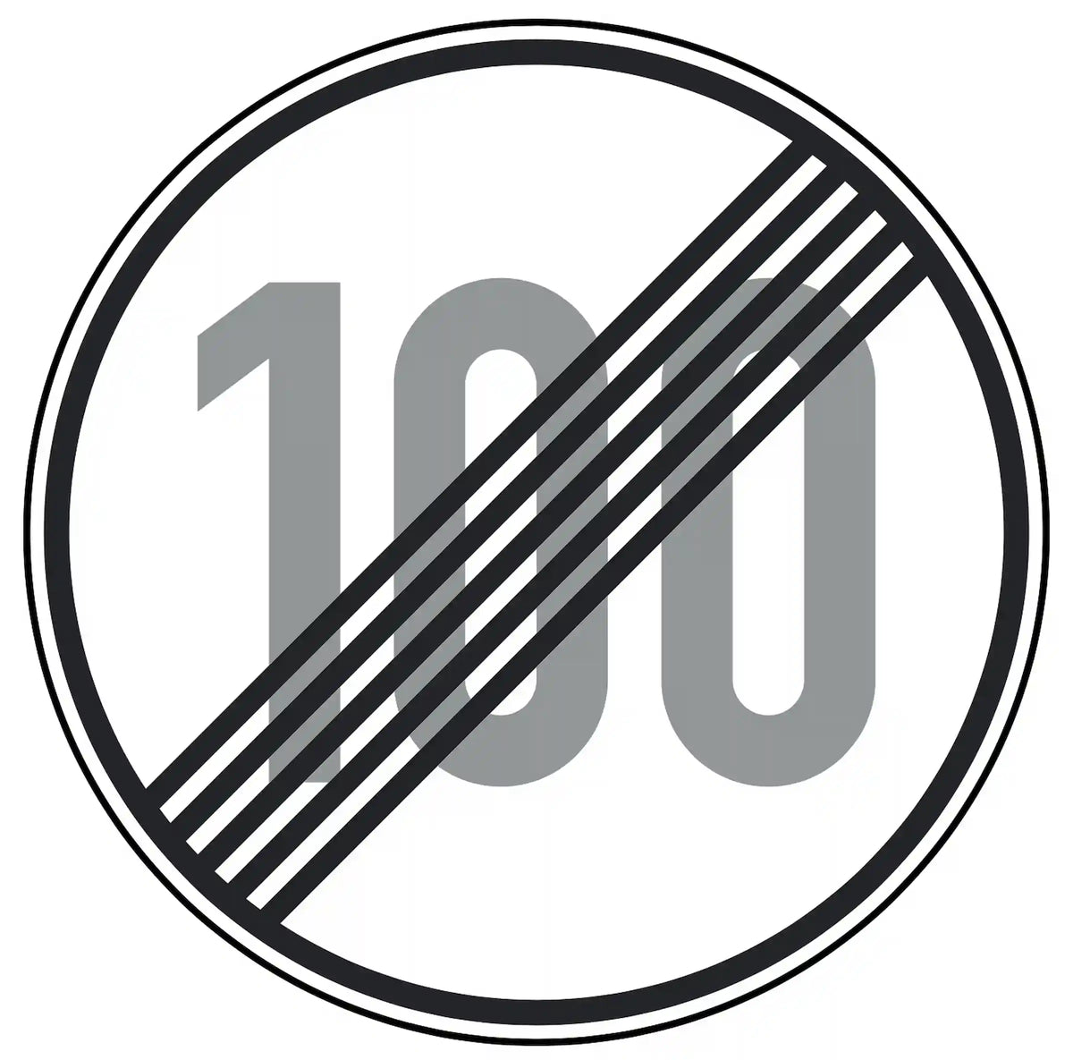 Verkehrszeichen 278-100: Rundschild, durchgestrichene „100“ – Ende der Höchst­geschwindigkeit 100 km/h.