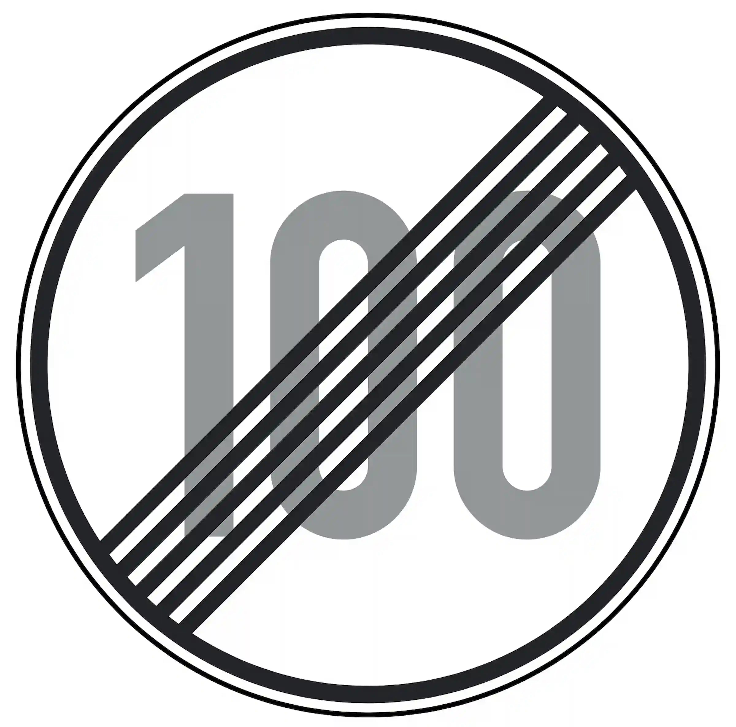 Verkehrszeichen 278-100: Rundschild, durchgestrichene „100“ – Ende der Höchst­geschwindigkeit 100 km/h.