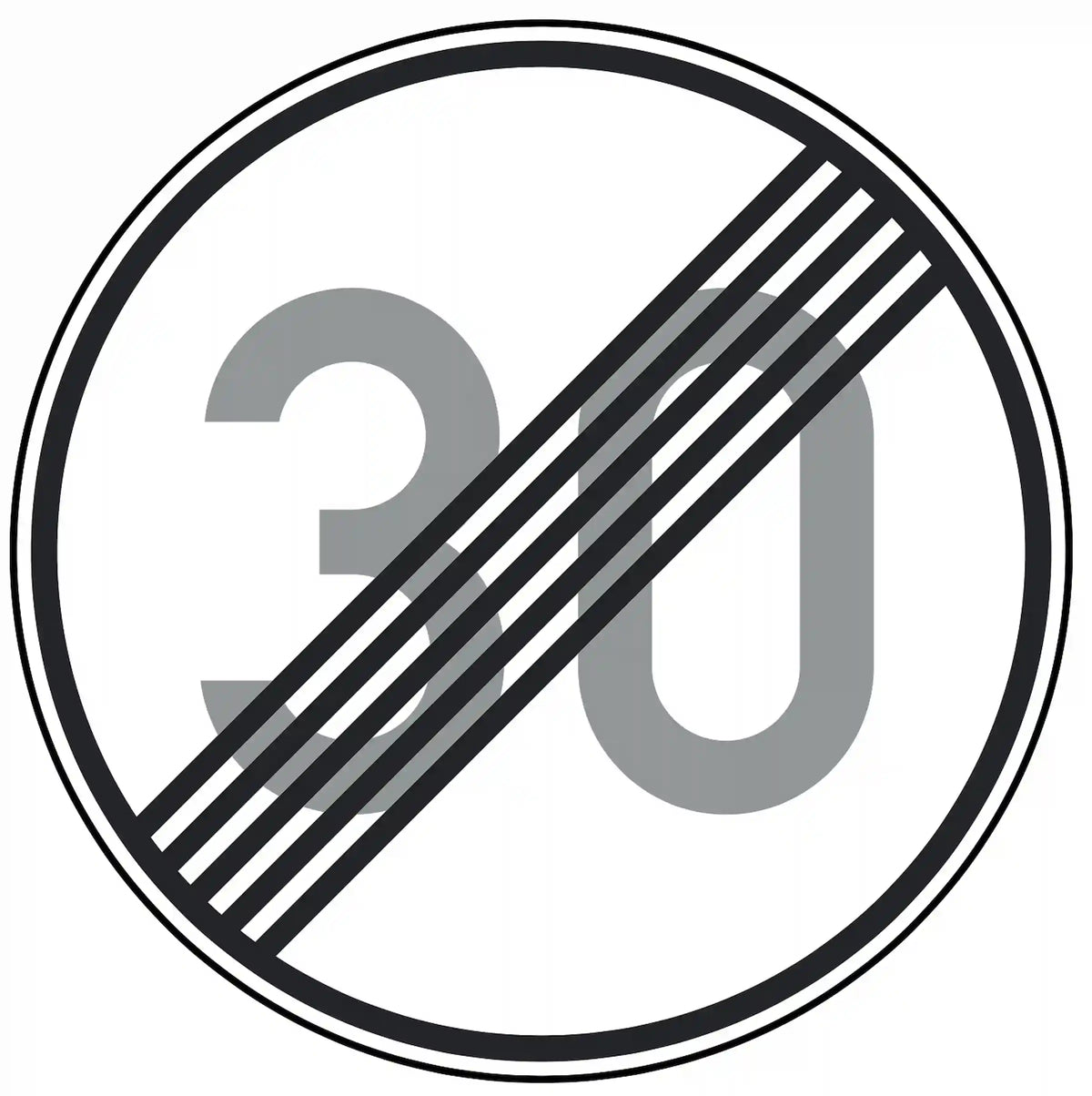 Verkehrszeichen 278-30: Rundschild, durchgestrichene „30“ – Ende der Höchst­geschwindigkeit 30 km/h.
