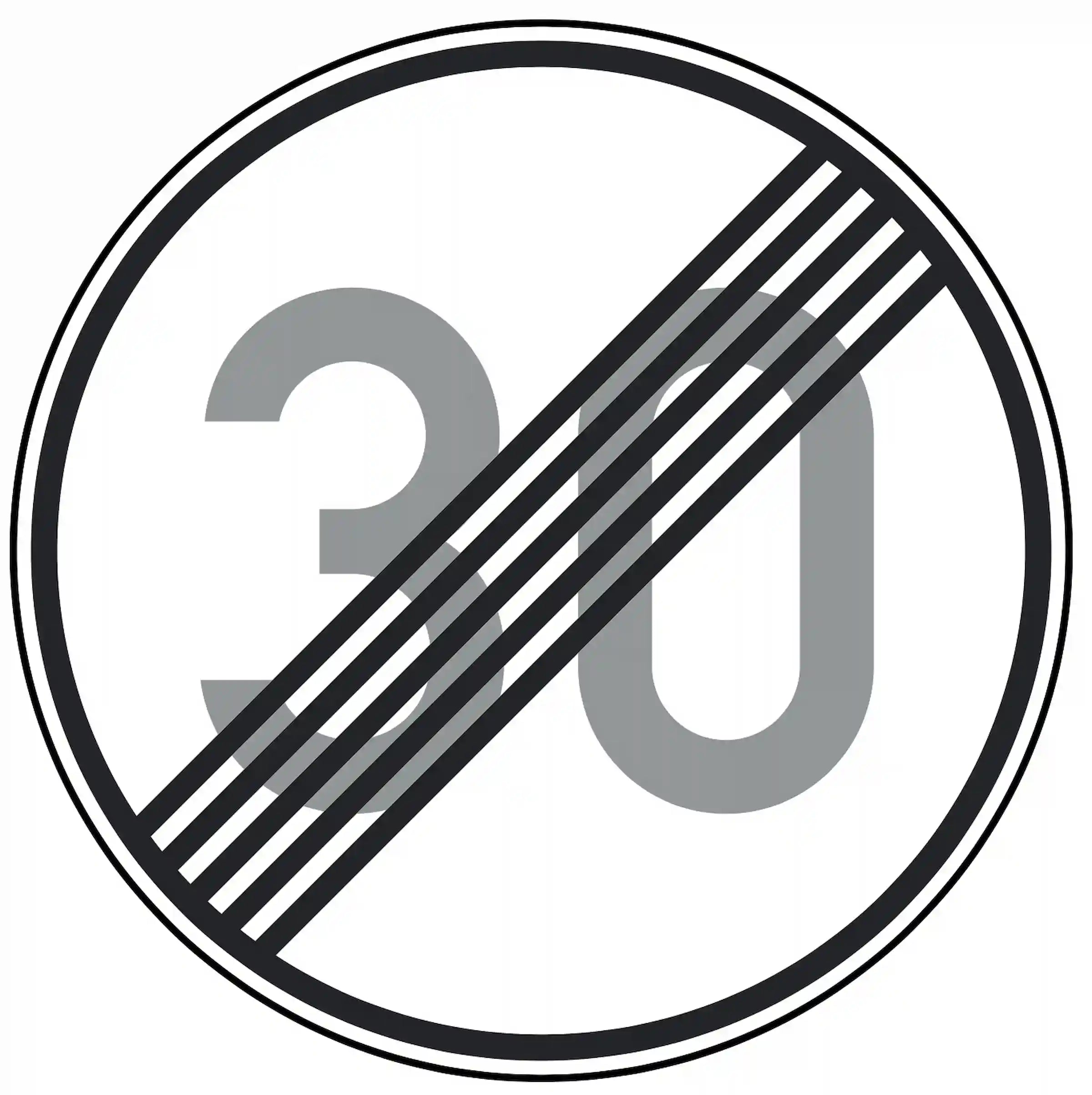 Verkehrszeichen 278-30: Rundschild, durchgestrichene „30“ – Ende der Höchst­geschwindigkeit 30 km/h.