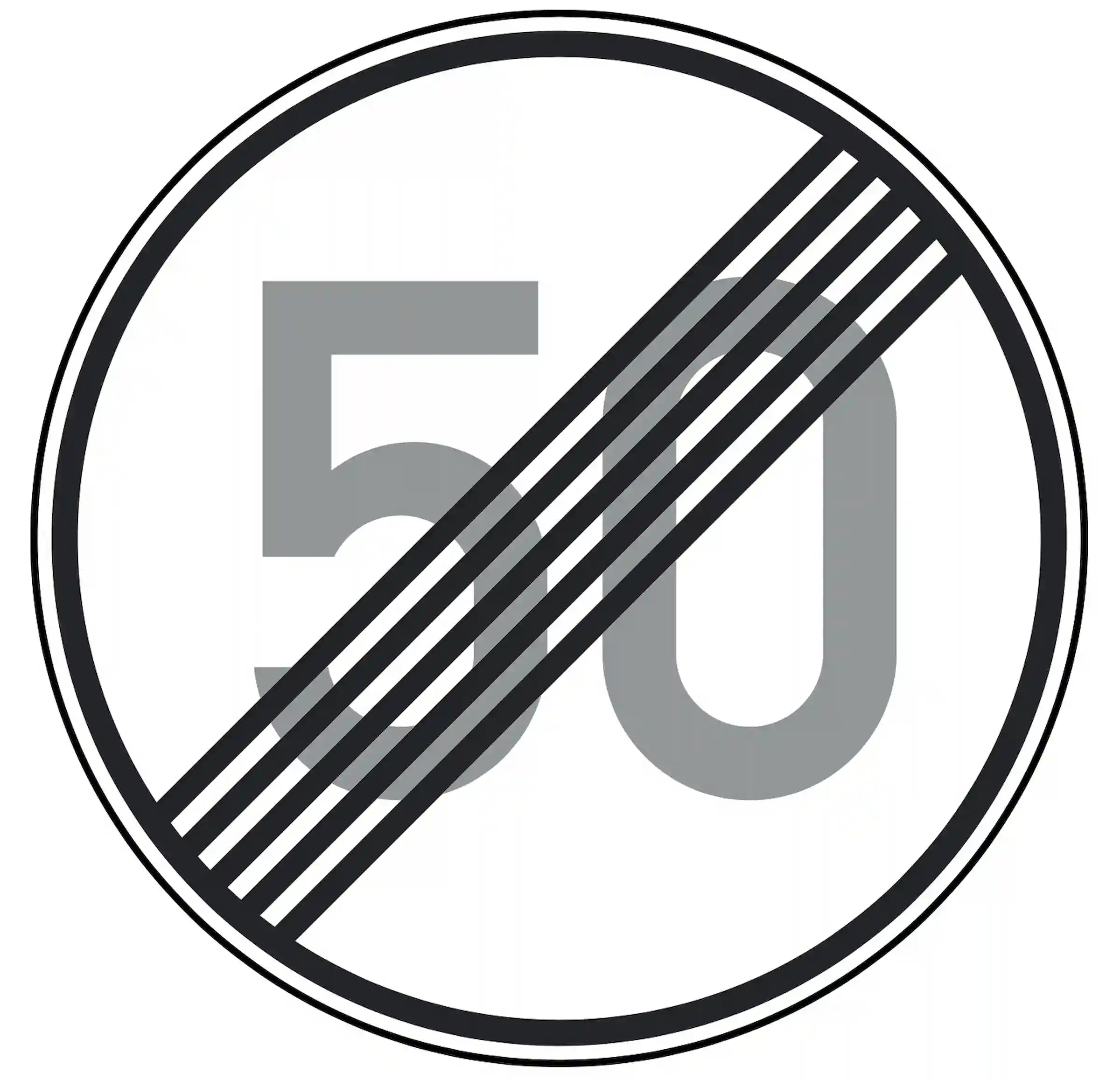 Verkehrszeichen 278-50: Rundschild, durchgestrichene „50“ – Ende der Höchst­geschwindigkeit 50 km/h.