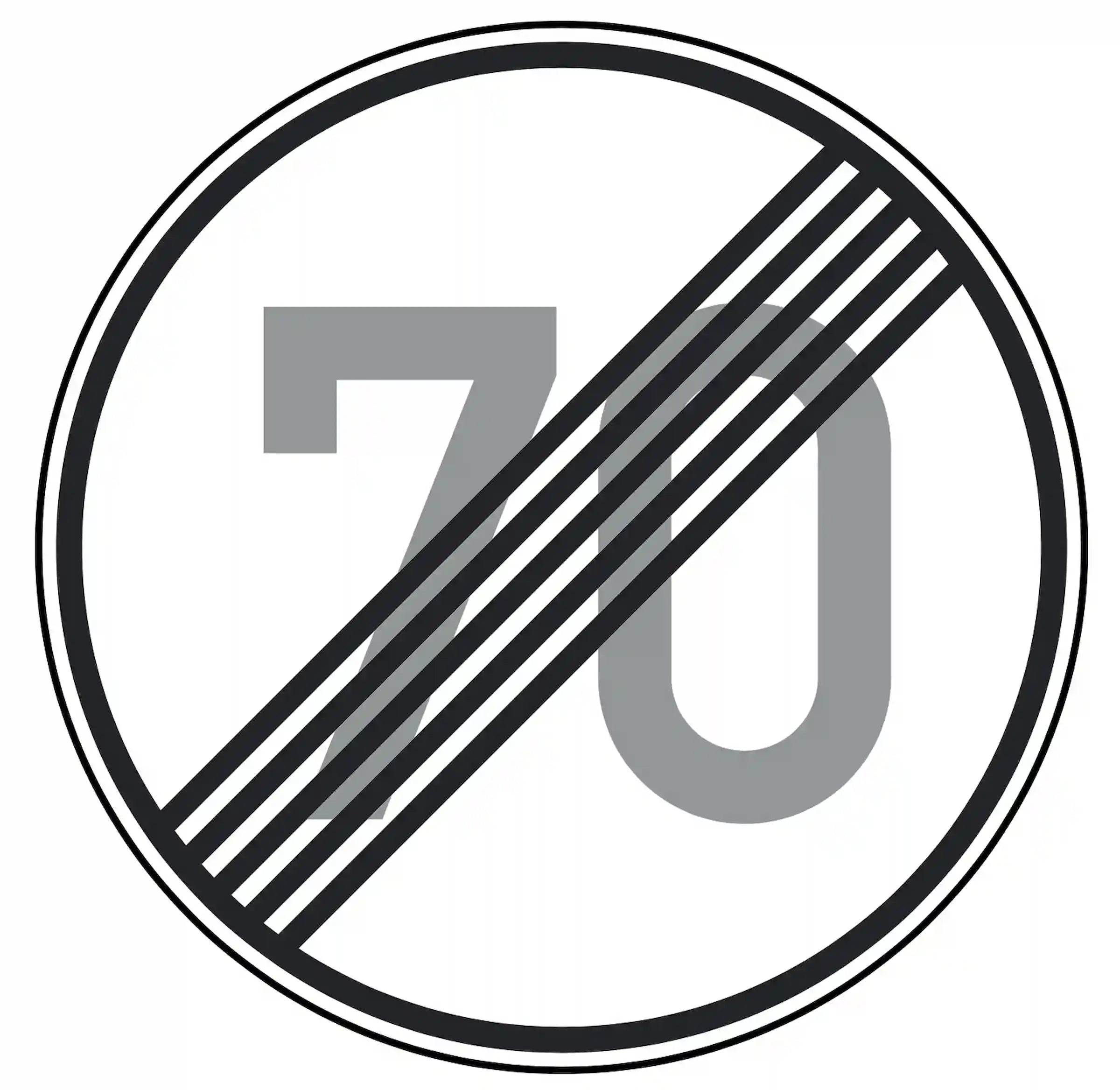 Verkehrszeichen 278-70: Rundschild, durchgestrichene „70“ – Ende der Höchst­geschwindigkeit 70 km/h.