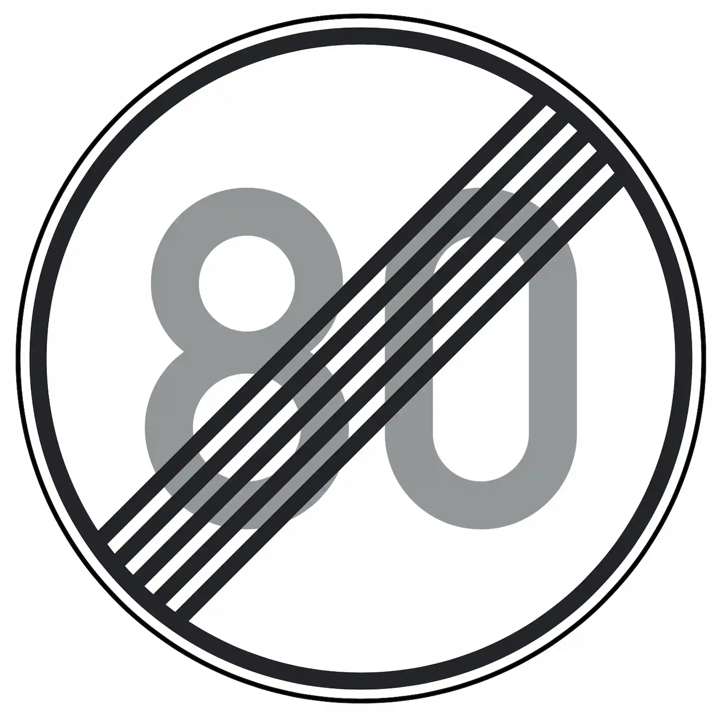 Verkehrszeichen 278-80: Rundschild, durchgestrichene „80“ – Ende der Höchst­geschwindigkeit 80 km/h.
