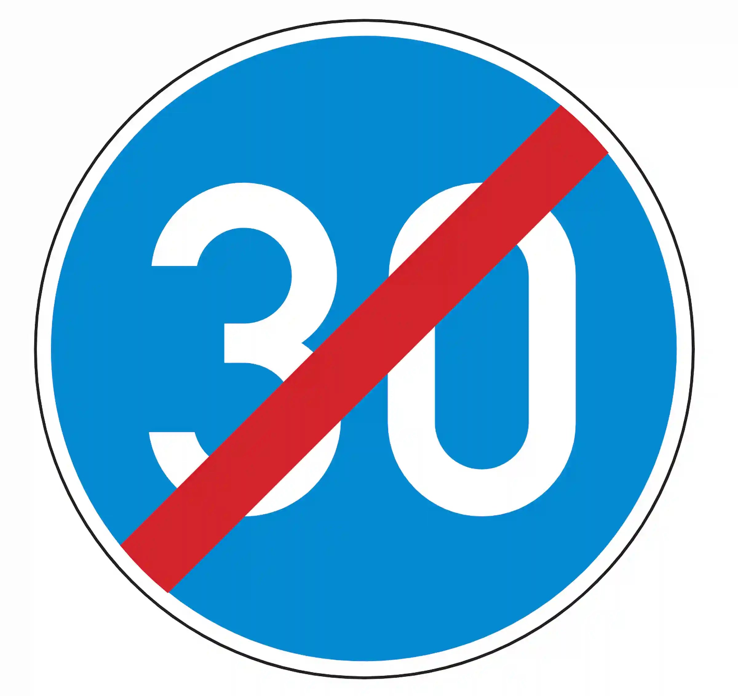 Verkehrszeichen 279: blaues Rundschild, durchgestrichene Zahl – Ende der Mindest­geschwindigkeit.