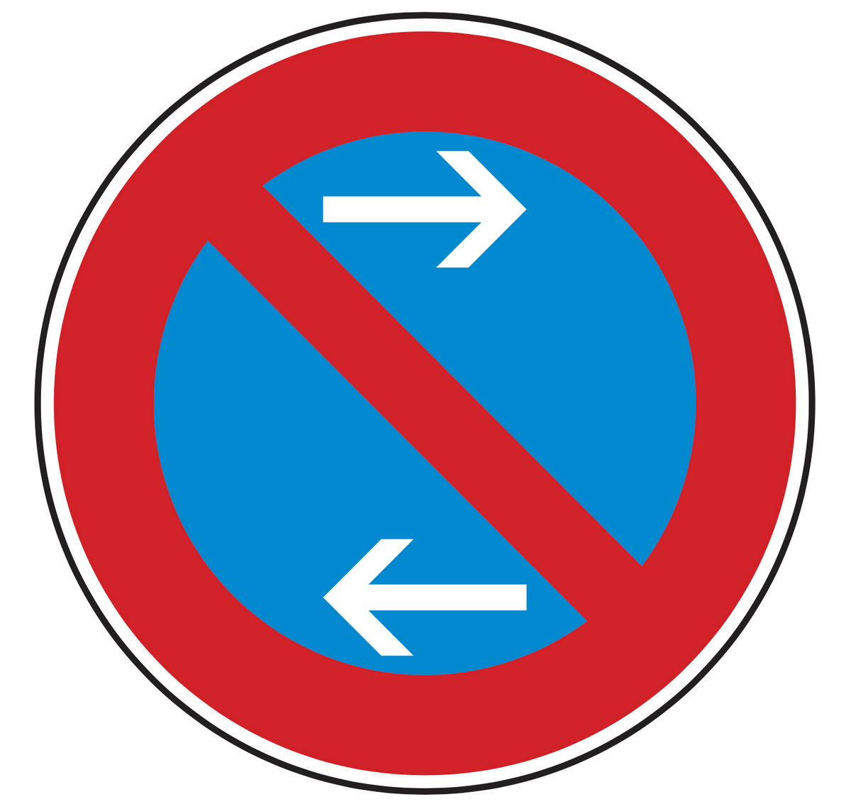 VZ 286-31: blaues Schild, roter Schrägstrich, zwei Pfeile – Mitte eingeschränktes Haltverbot (links).