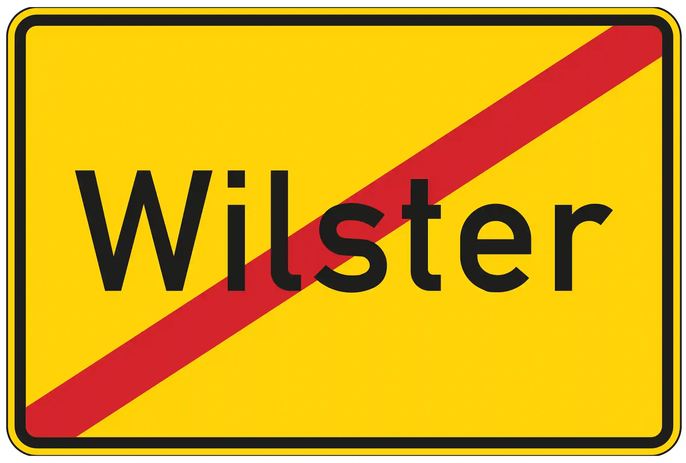 Ortstafel Rückseite ohne Zielangabe mit durchgestrichenem Ortsnamen „Wilster“ auf gelbem Hintergrund und rotem Diagonalstrich – Verkehrszeichen 311.1 zur Kennzeichnung des Ortsendes