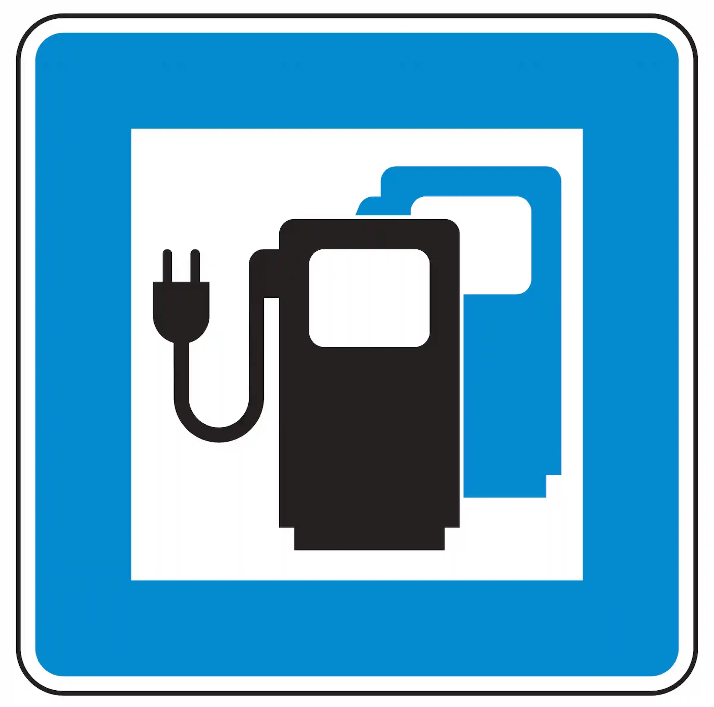 Verkehrszeichen 365-65: Hinweis auf eine Ladestation für Elektrofahrzeuge.