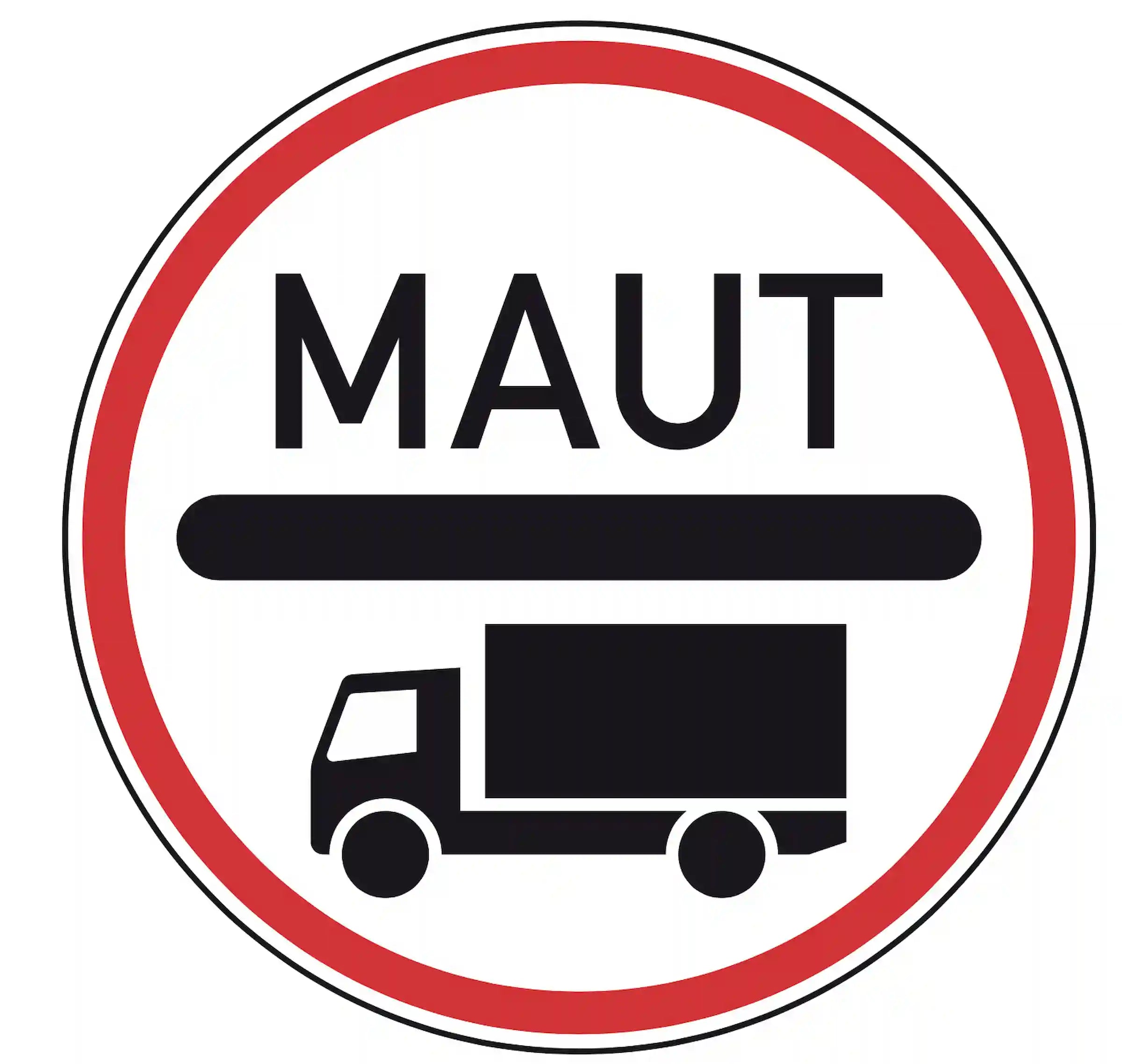 Verkehrszeichen 390: blaues Rechteckschild mit Lkw-Symbol & ‚Maut‘ – maut­pflichtige Strecke.