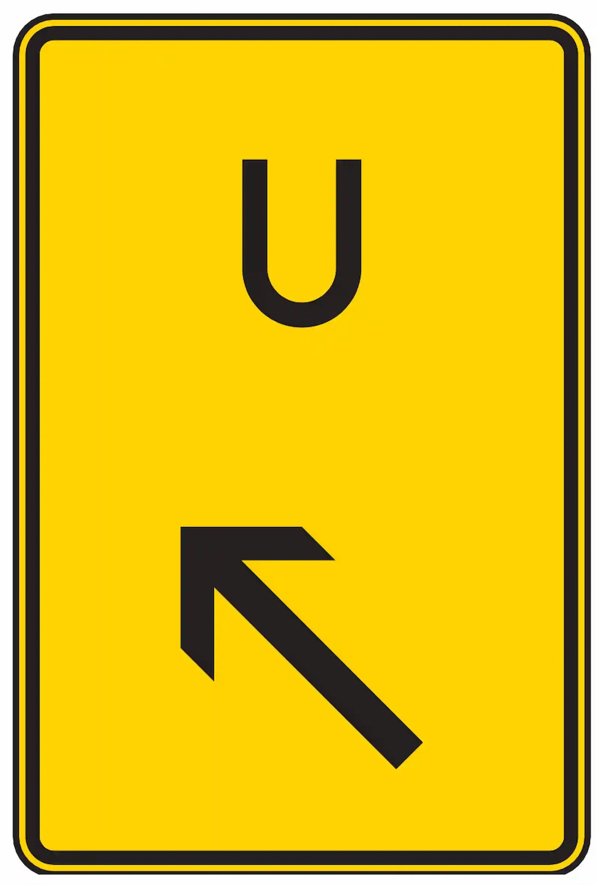 Verkehrszeichen 455.1-12: Gelbes rechteckiges Schild mit schwarzem Pfeil schräg nach links oben und schwarzem 'U' – weist darauf hin, sich links einzuordnen zur Fortsetzung einer Umleitung.