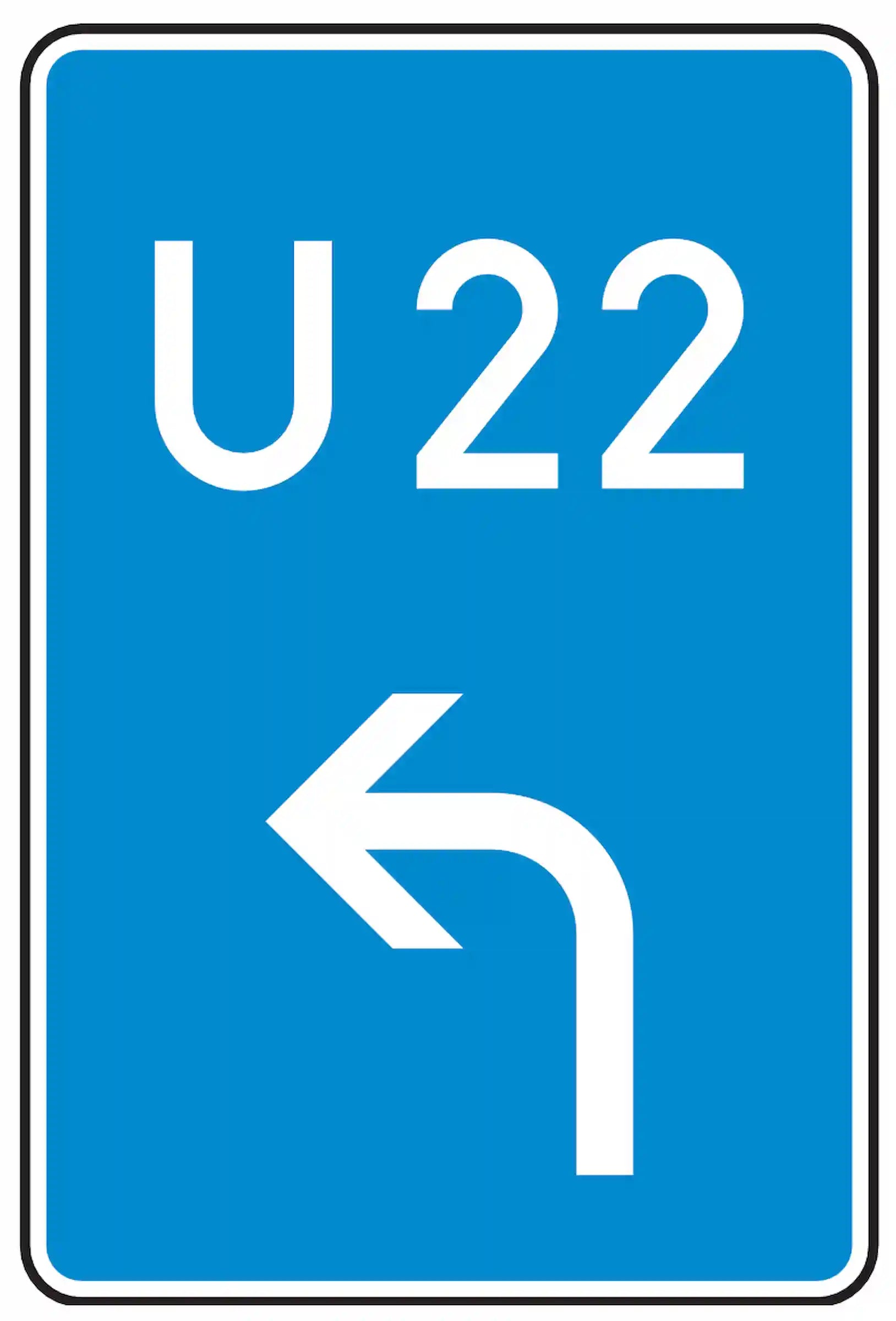 Verkehrszeichen 460-10: Blaues rechteckiges Schild mit weißem Richtungspfeil nach links und schwarzer Umleitungsnummer – kennzeichnet die Vorankündigung einer Bedarfsumleitung für den Autobahnverkehr.