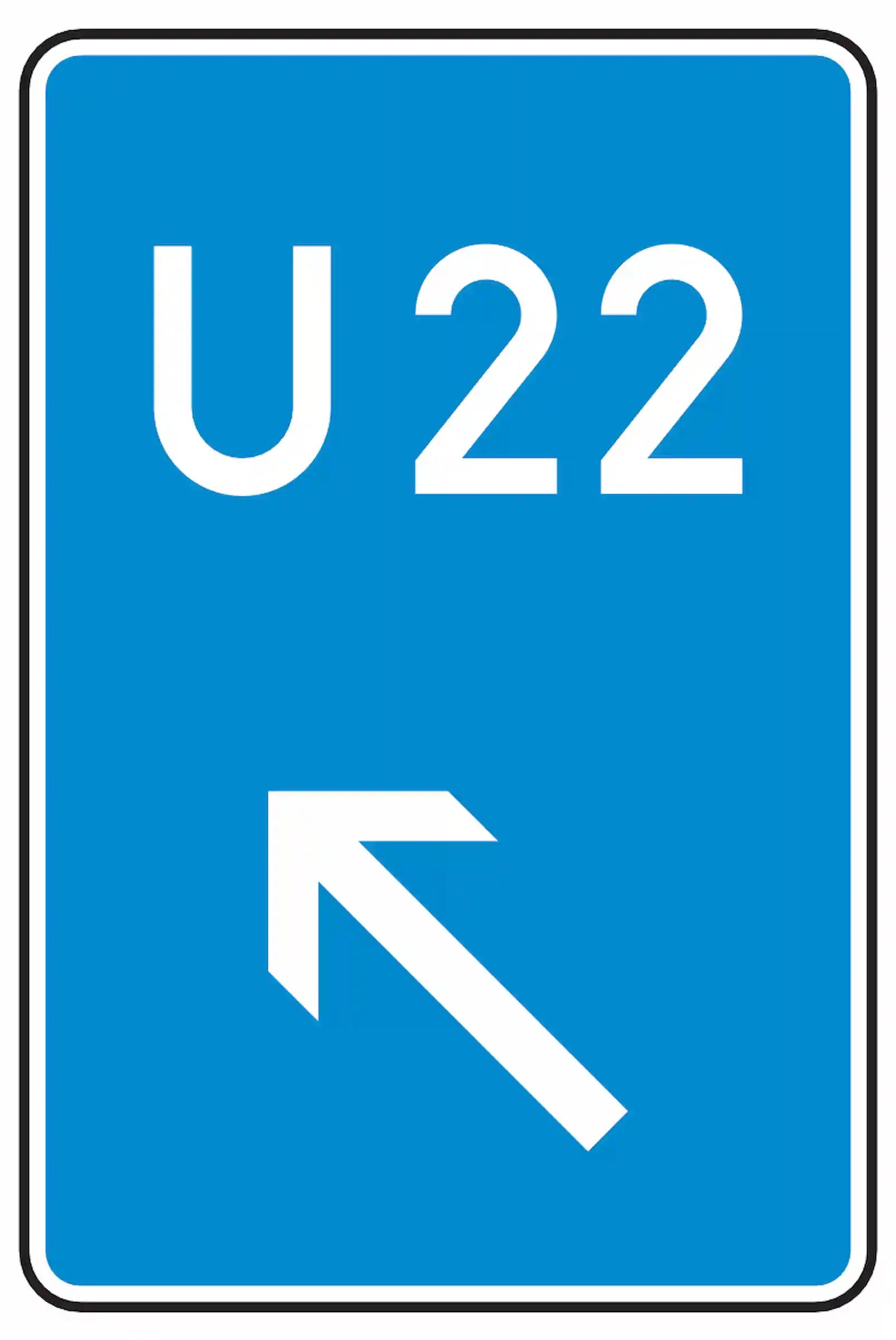Verkehrszeichen 460-12: Bedarfsumleitung – links einordnen. Blaues Schild mit weißem Pfeil und Nummer, zeigt an, dass sich der Verkehr bei Stau oder Sperrung links einordnen soll.